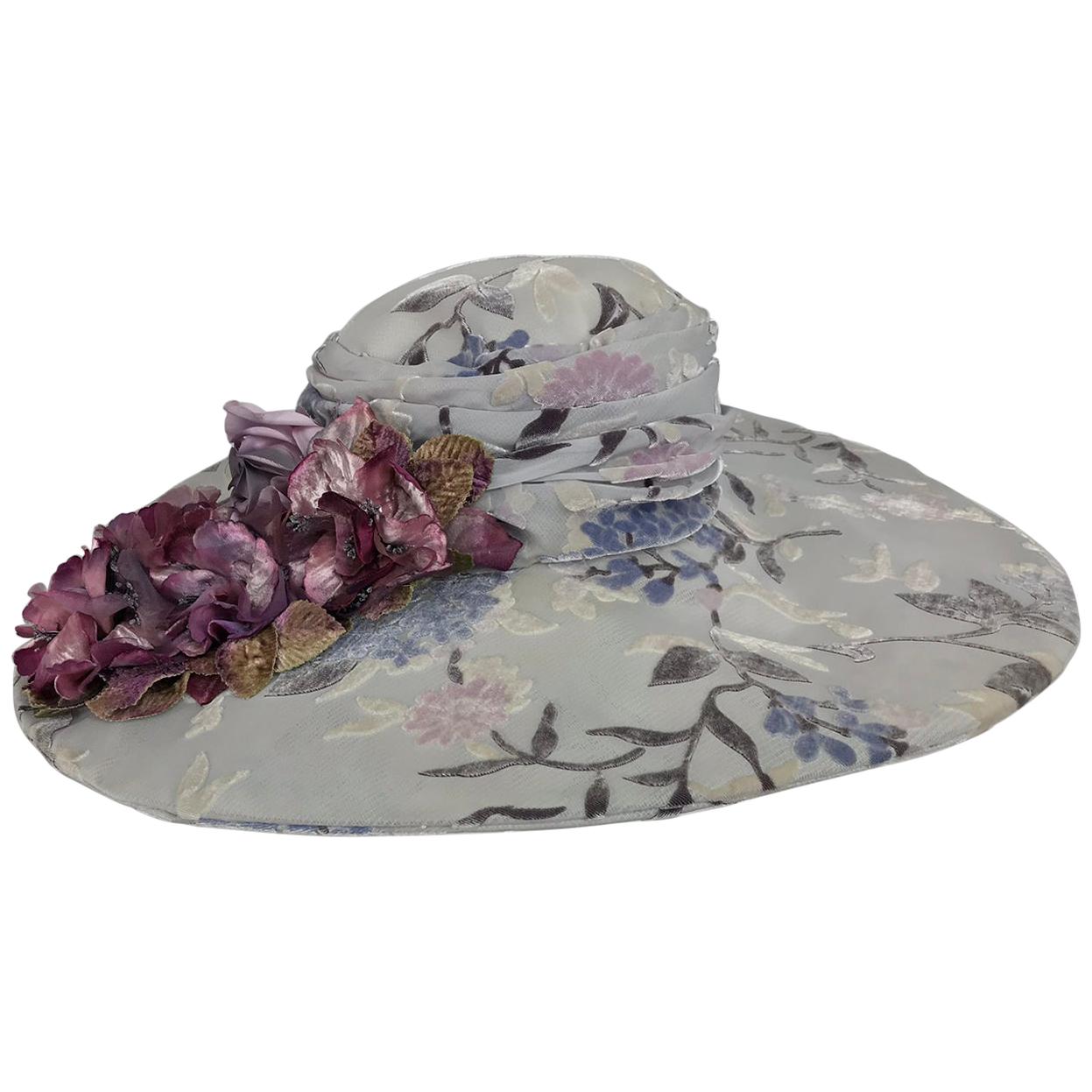 Kokin New York Floral Embellished Devore Velvet Wide Brim Hat 1990s 
