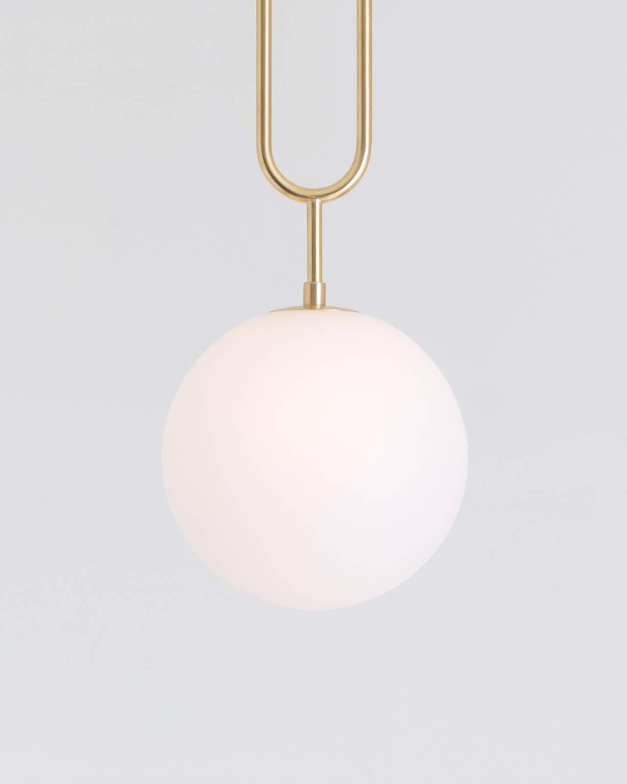 Koko, a Modern Pendant Light with Satin Globe Shade in Matte Black and Wood In Excellent Condition In Bend, OR