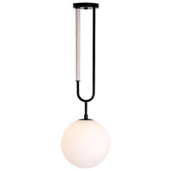 Koko, a Modern Pendant Light with Satin Globe Shade in Matte Black and Wood