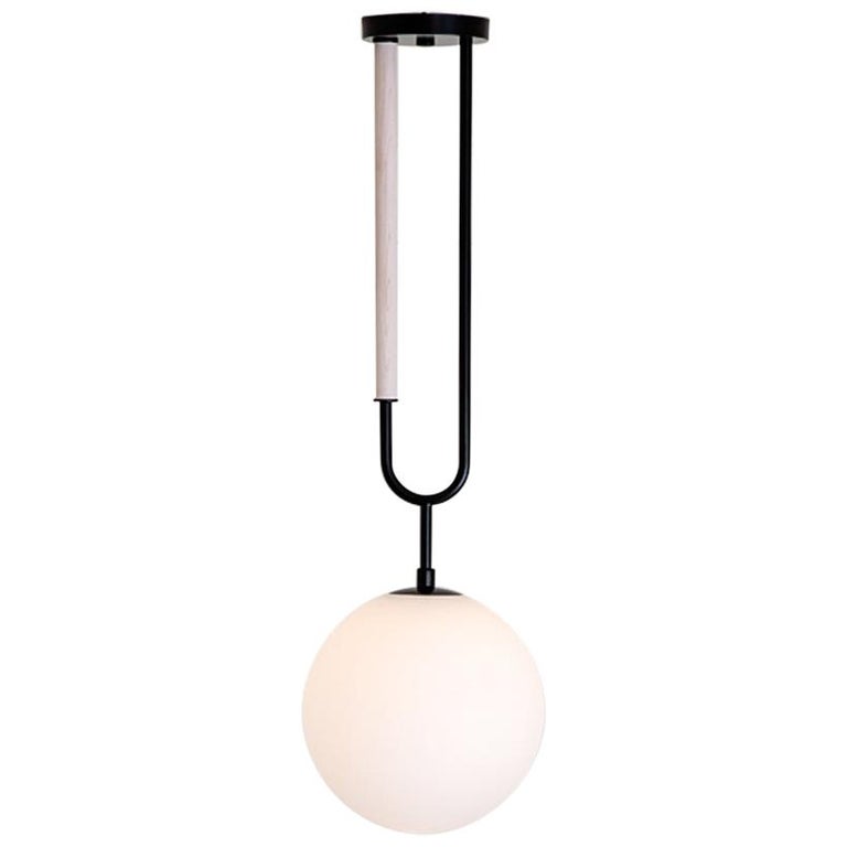 Koko, a Modern Pendant Light with Satin Globe Shade in Matte Black and Wood For Sale