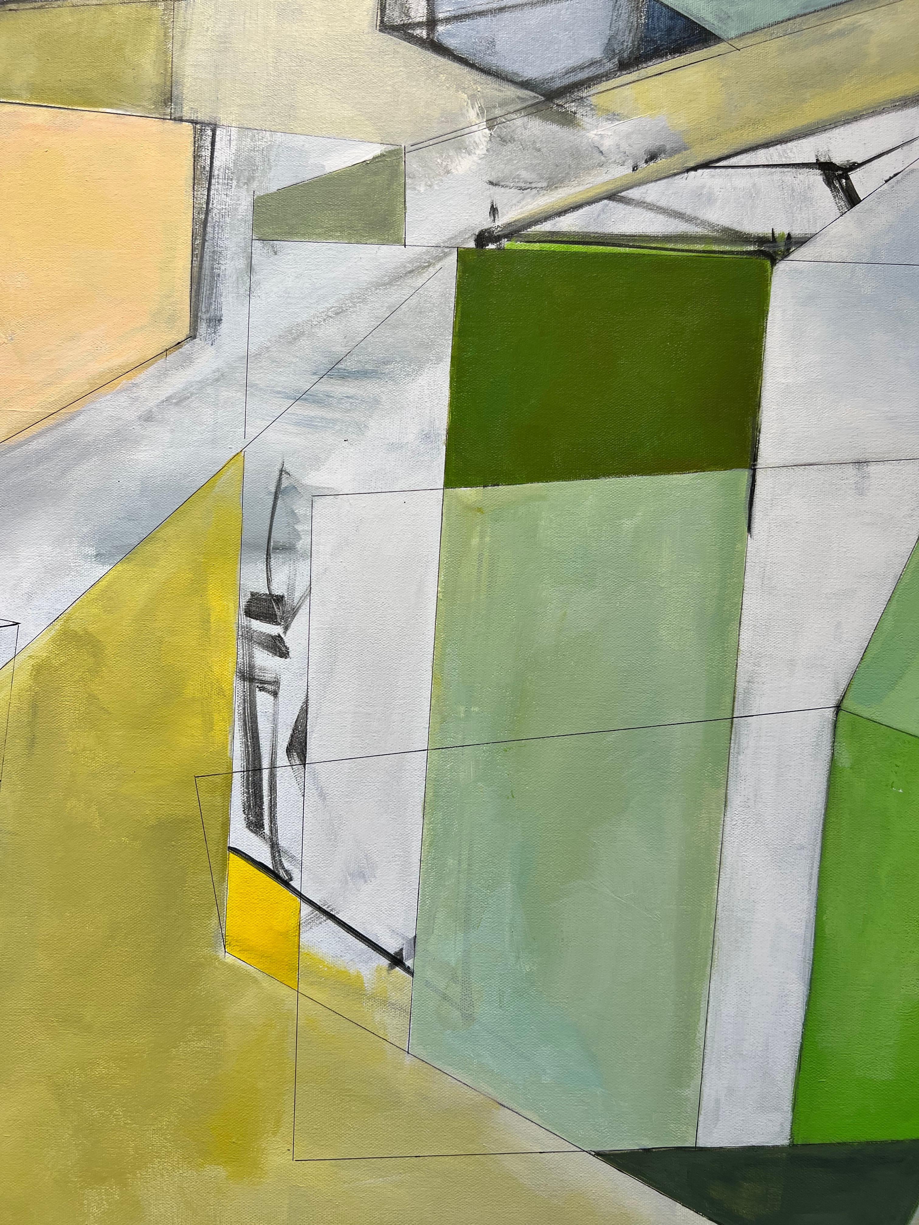 Entra nel mondo rilassante dell'arte astratta con Deconstructed Study di Koko Hovaguimain. Questo pezzo ipnotico presenta un'armoniosa miscela di verde chiaro, giallo, arancione e bianco, creando una composizione rilassante ma dinamica. Le linee