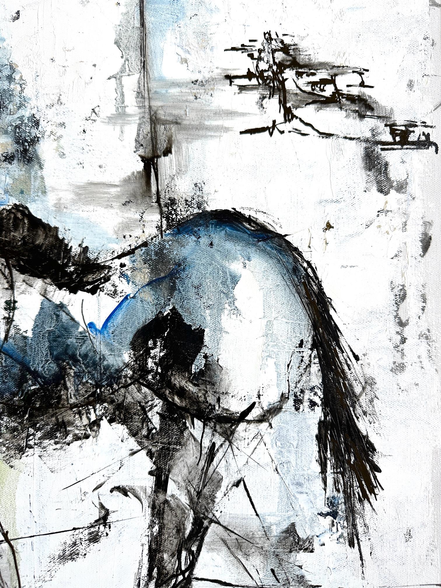 Cheval abstrait, peinture à l'huile abstraite, série « messenger » cheval sur route  - Gris Animal Painting par KOKO HOVAGUIMIAN