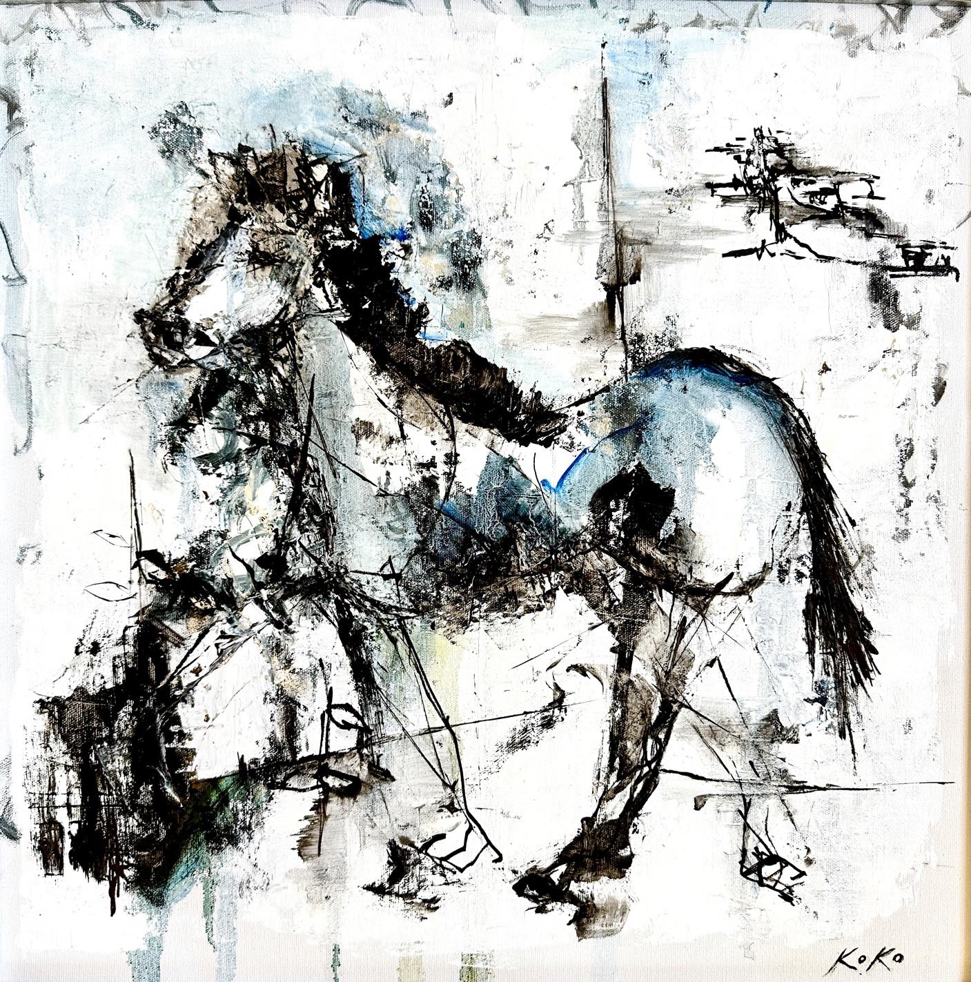 Animal Painting KOKO HOVAGUIMIAN - Cheval abstrait, peinture à l'huile abstraite, série « messenger » cheval sur route 