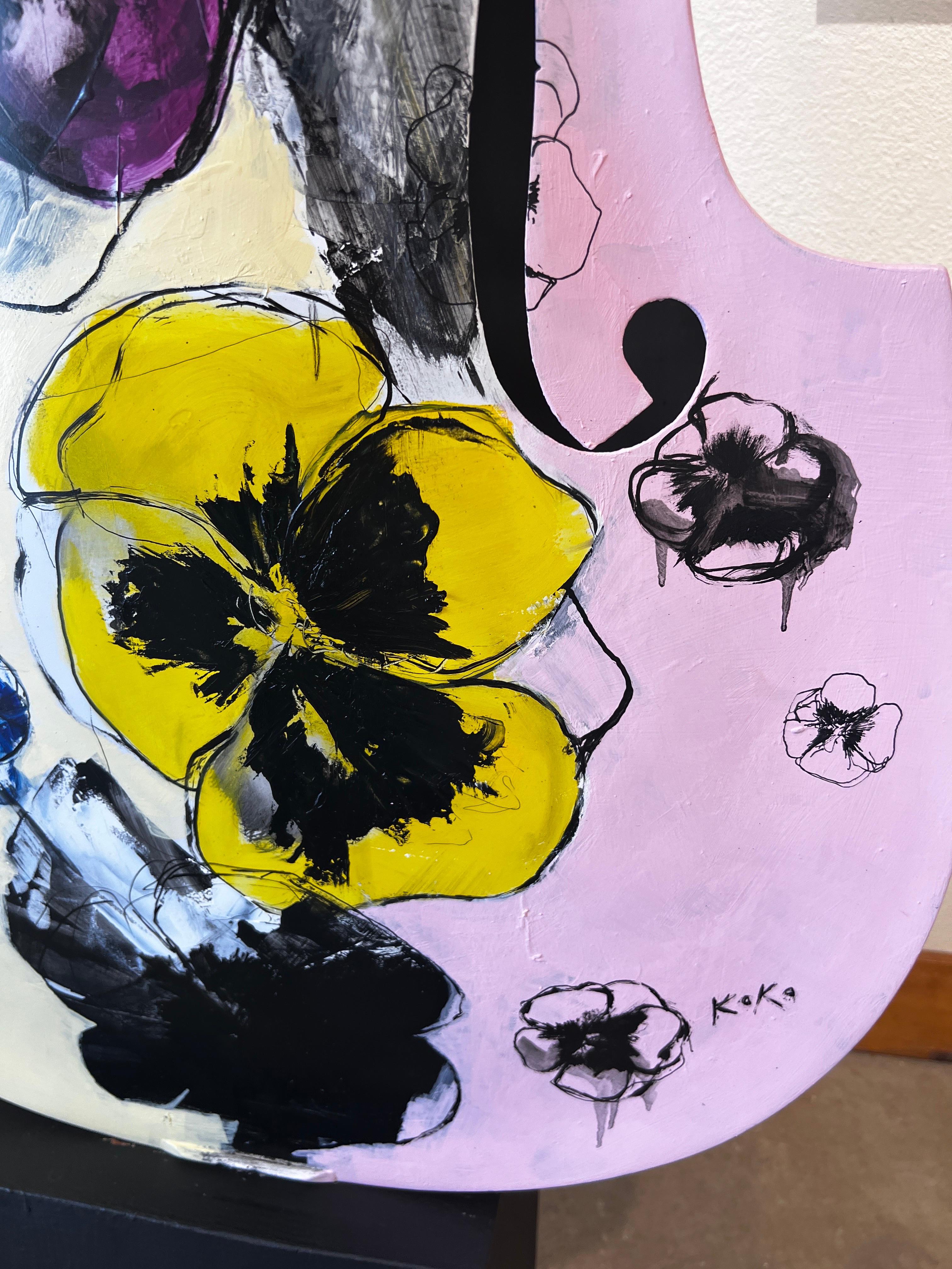 Abstract Symphony of Pansies,  Pansies art, oil on upright bass.  For Sale 5