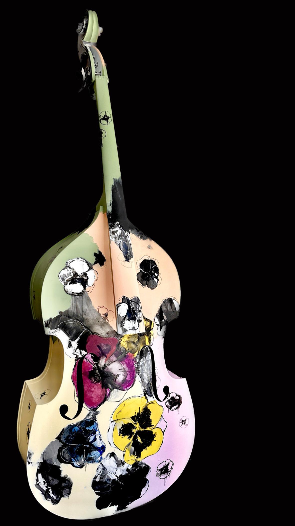 Abstract Symphony of Pansies,  Pansies art, oil on upright bass.  - Sculpture by KOKO HOVAGUIMIAN