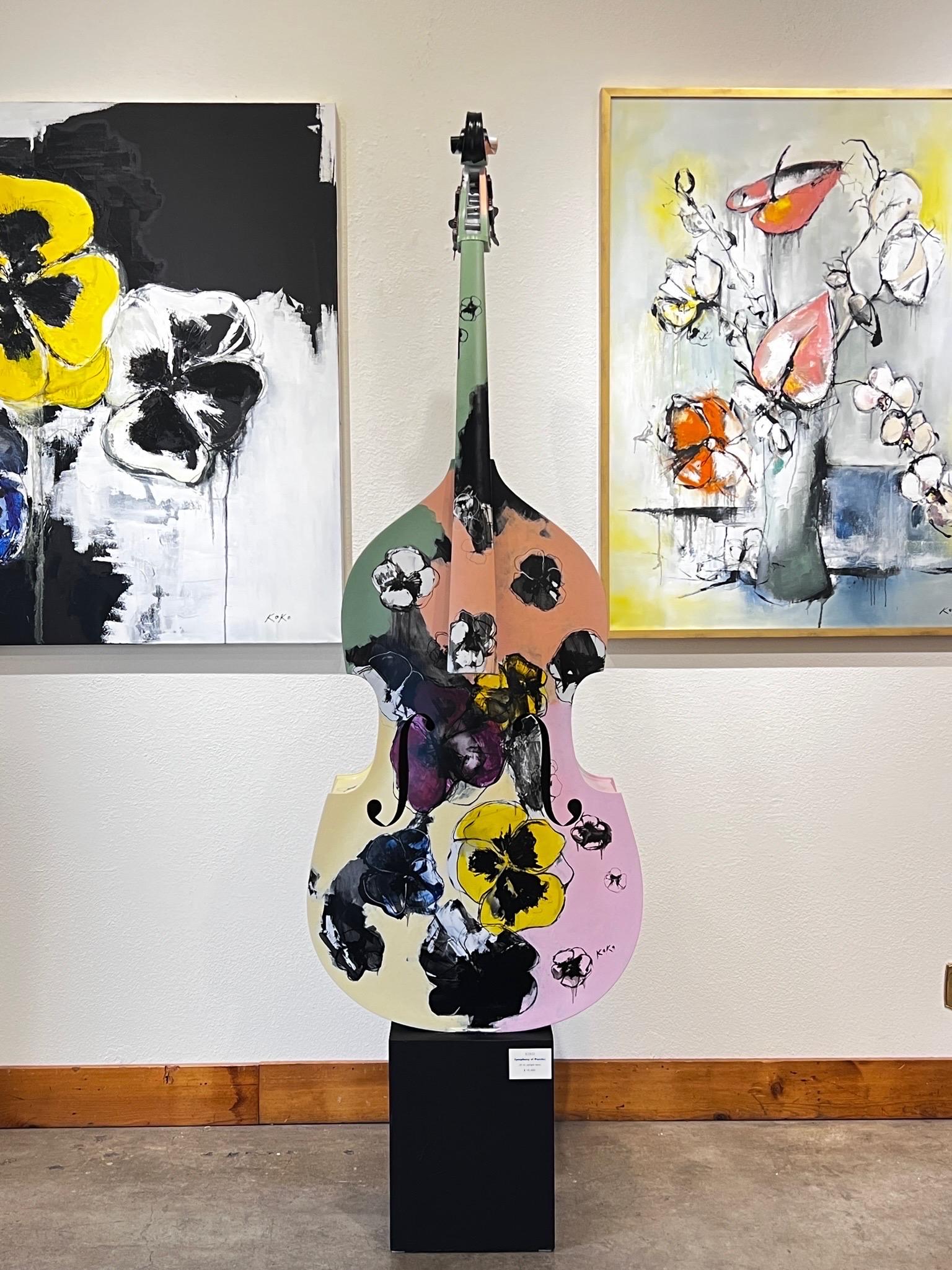 Abstract Symphony of Pansies,  Pansies art, oil on upright bass. 