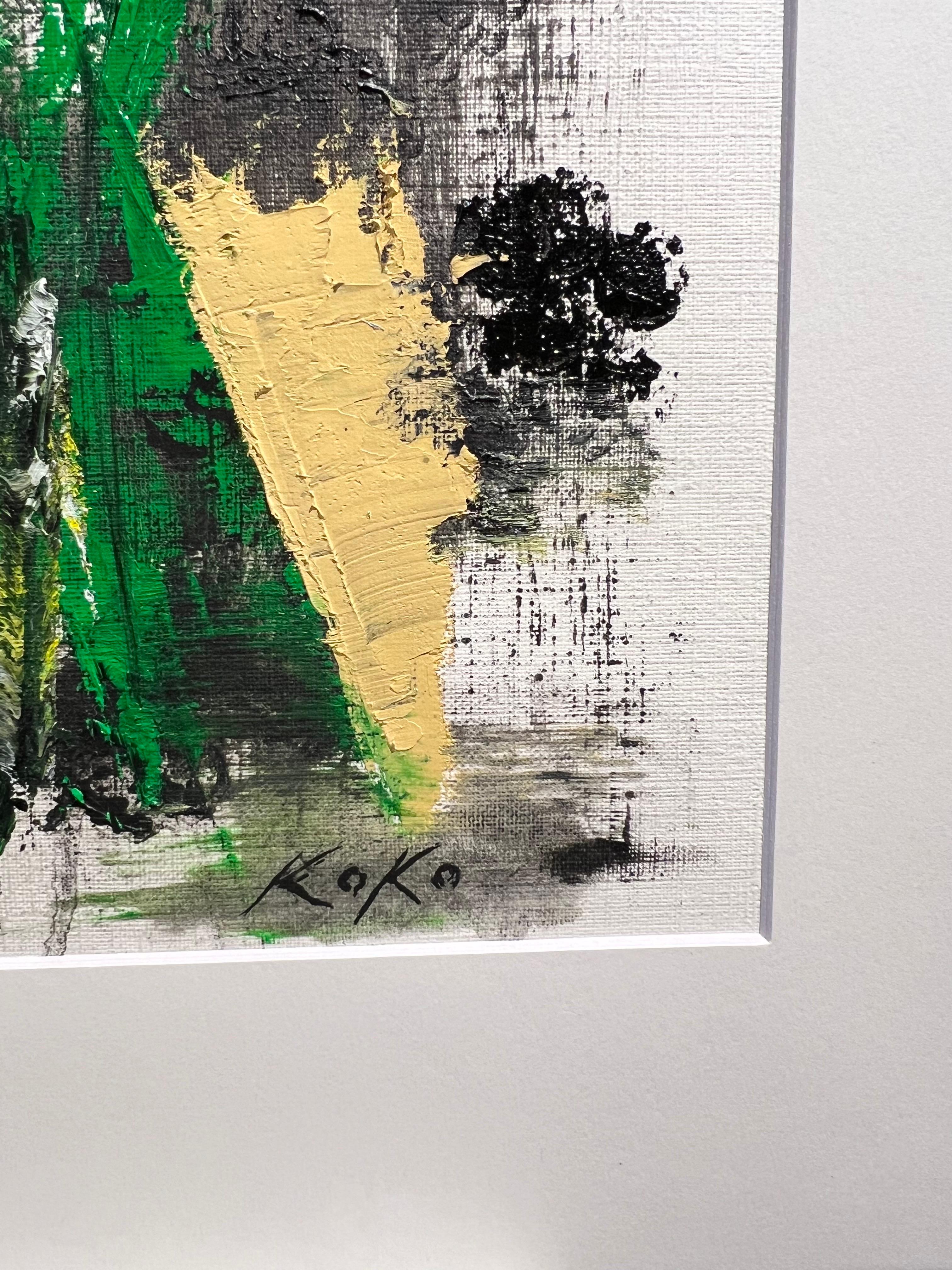 El cuadro mide 12 x 9 pulgadas (sin cartón) y viene con un cartón blanco que mide aproximadamente 14 x 10 pulgadas. El artista ha firmado la obra en la esquina inferior derecha, y se trata de una pieza original y única, óleo sobre tabla de lienzo.