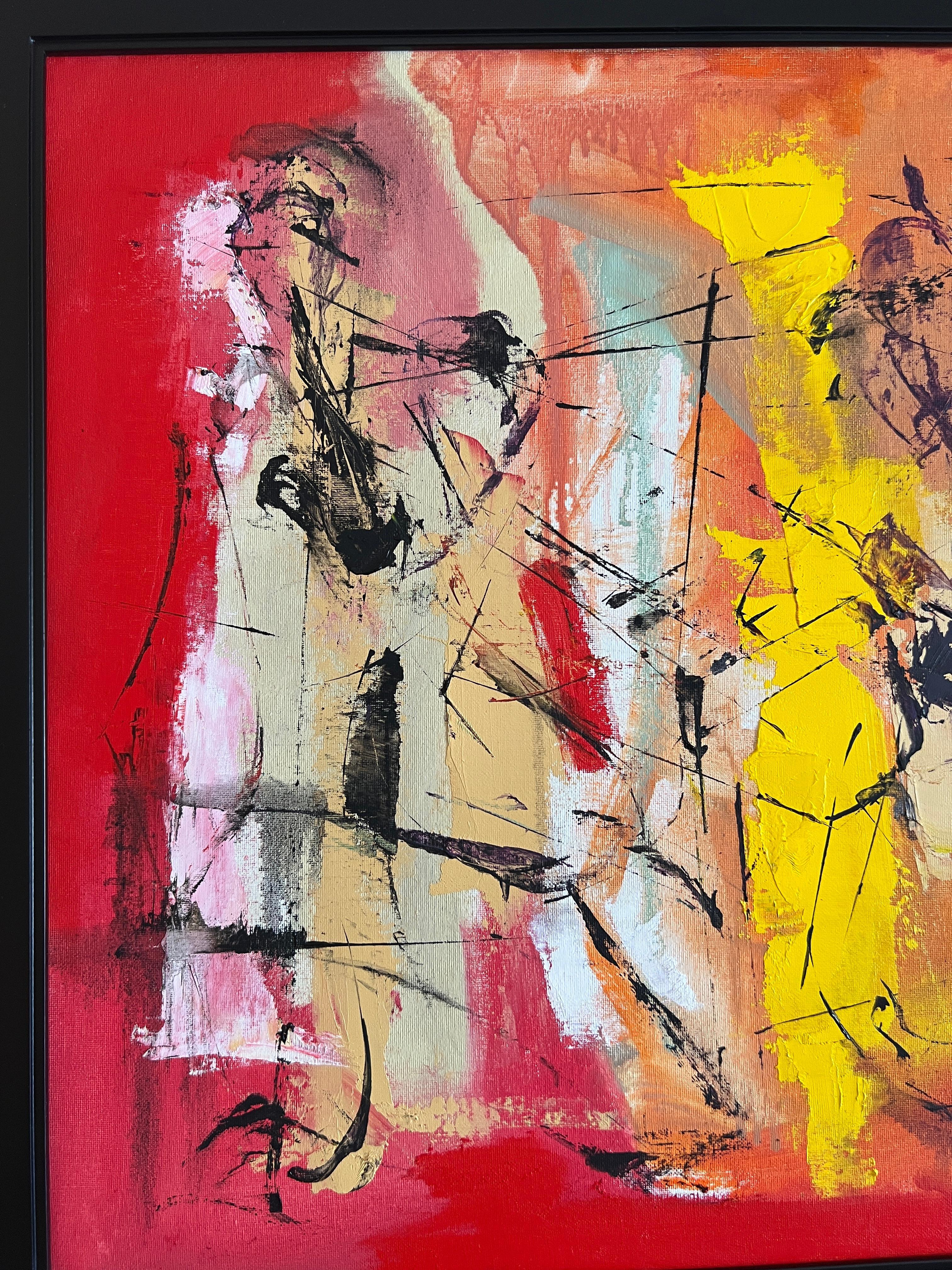 Questa opera d'arte vibrante e dinamica di Koko Hovagumin è una celebrazione del jazz attraverso il colore e la forma. Il dipinto, che misura 20x24 pollici, presenta una composizione vivace che cattura l'essenza della musica jazz. Una miscela