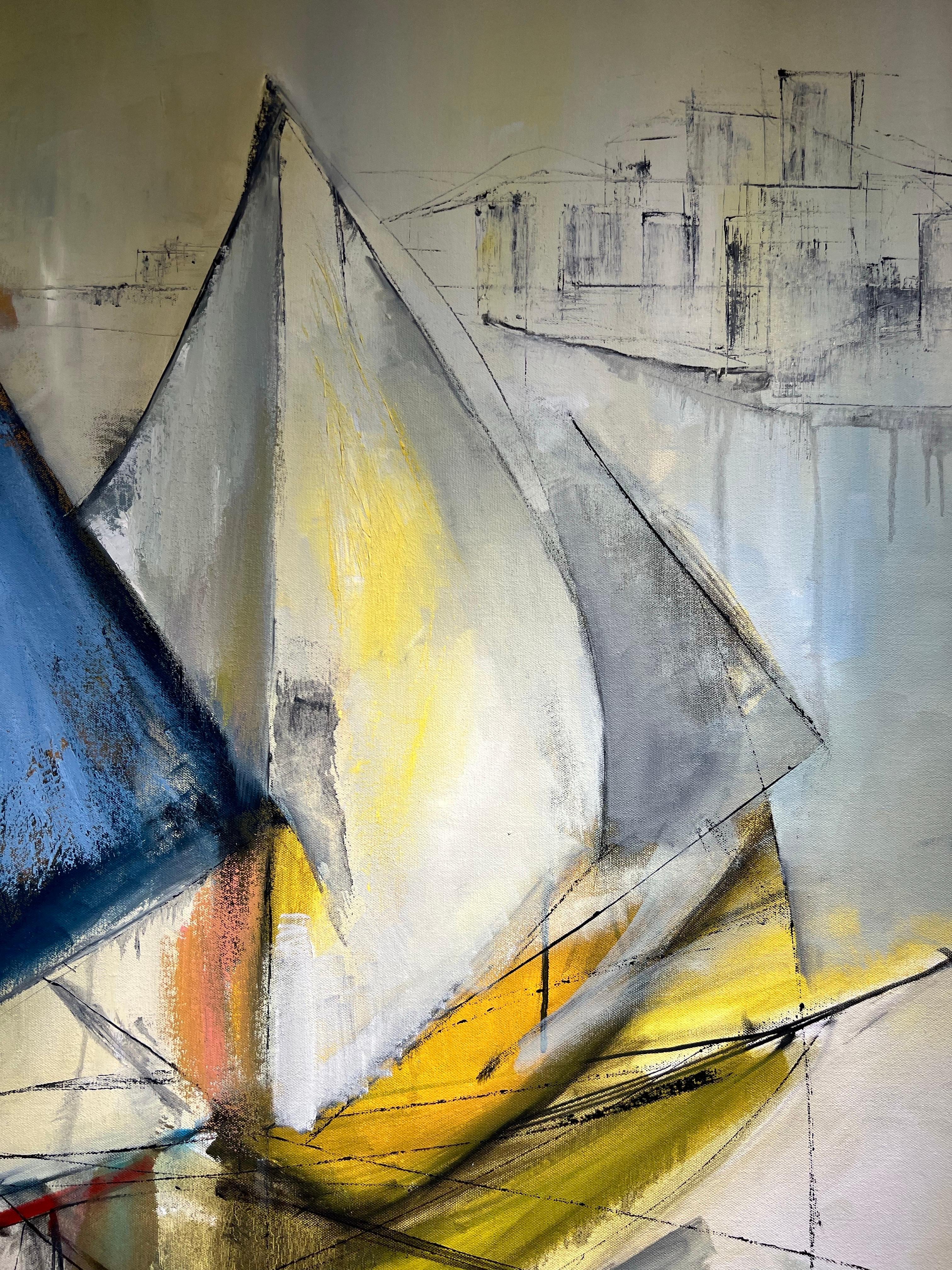 Contemporary Boats, Harbor at Rest, Three Boats at Peace. - Painting Espressionismo astratto di KOKO HOVAGUIMIAN