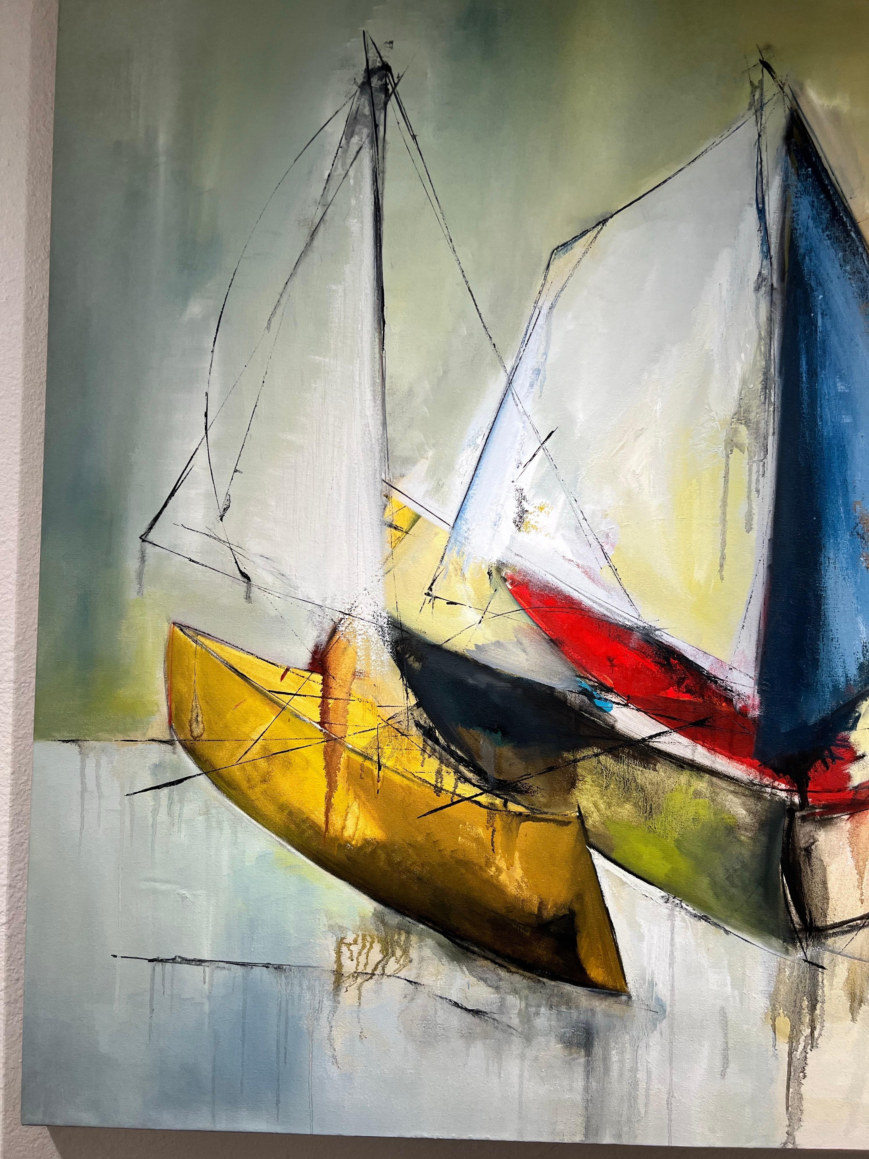 Contemporary Boats, Harbor at Rest, Three Boats at Peace. - Landscape Painting Beige di KOKO HOVAGUIMIAN