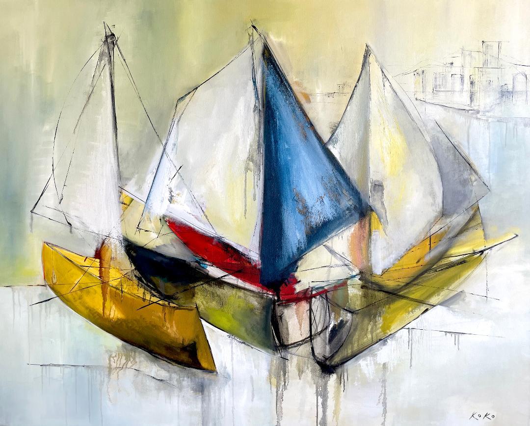 Landscape Painting di KOKO HOVAGUIMIAN - Contemporary Boats, Harbor at Rest, Three Boats at Peace.