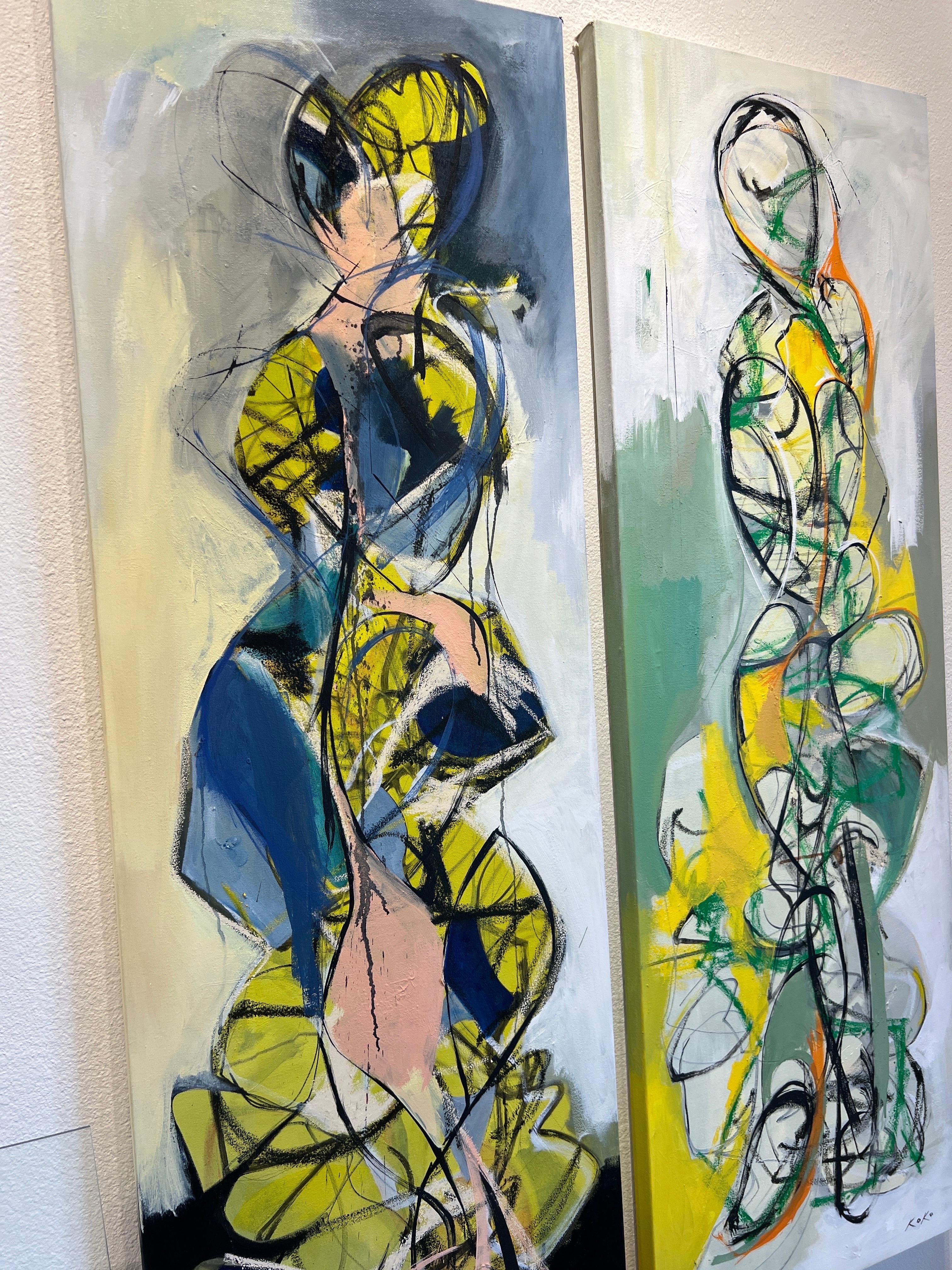 Dittico di figure contemporanee, coppia, figure astratte. - Abstract Painting Beige di KOKO HOVAGUIMIAN