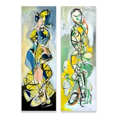 Dittico di figure contemporanee, coppia, figure astratte.