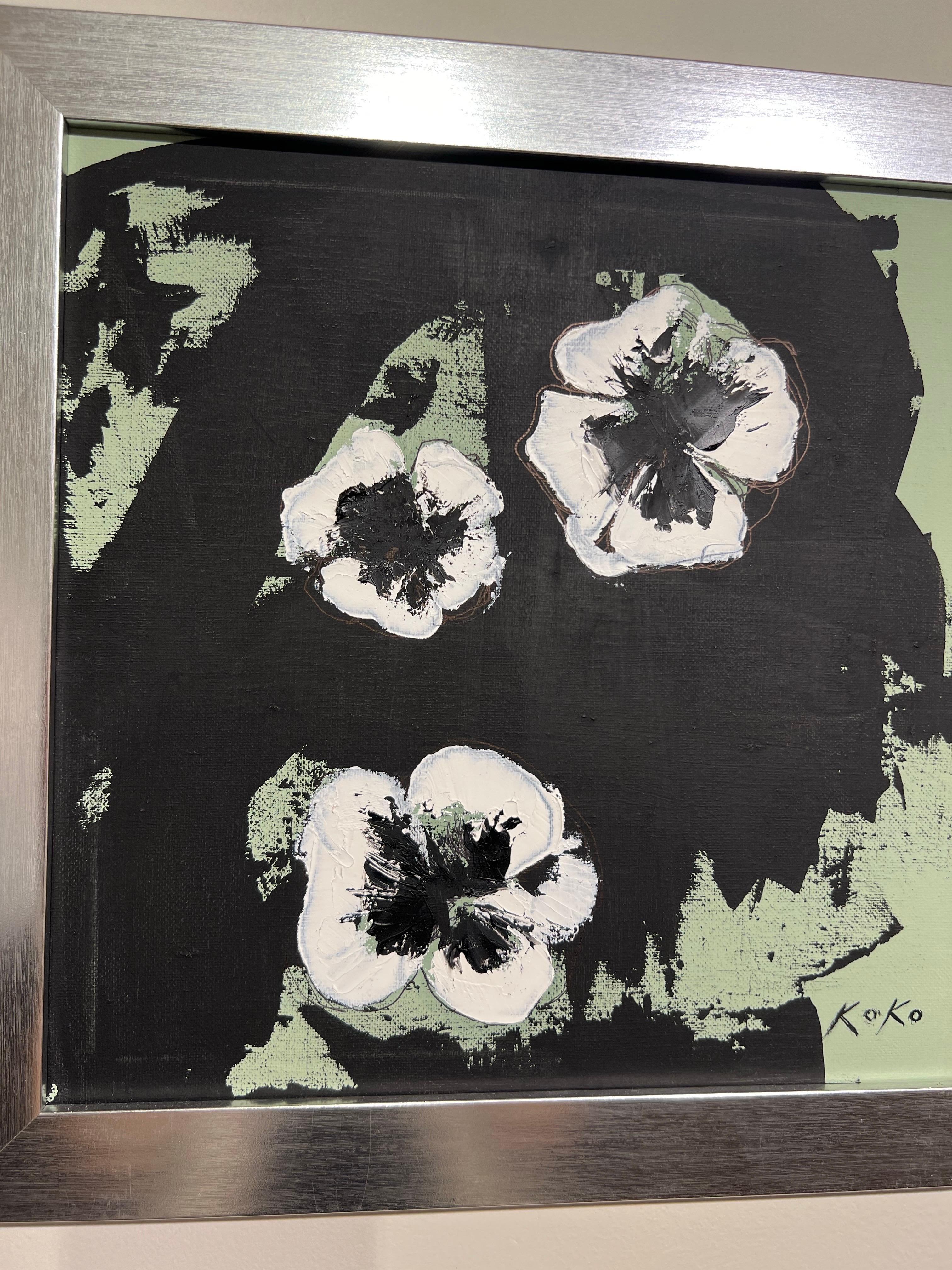 Fiori contemporanei, Viola del pensiero in verde. Fiori di viola del pensiero. - Painting di KOKO HOVAGUIMIAN