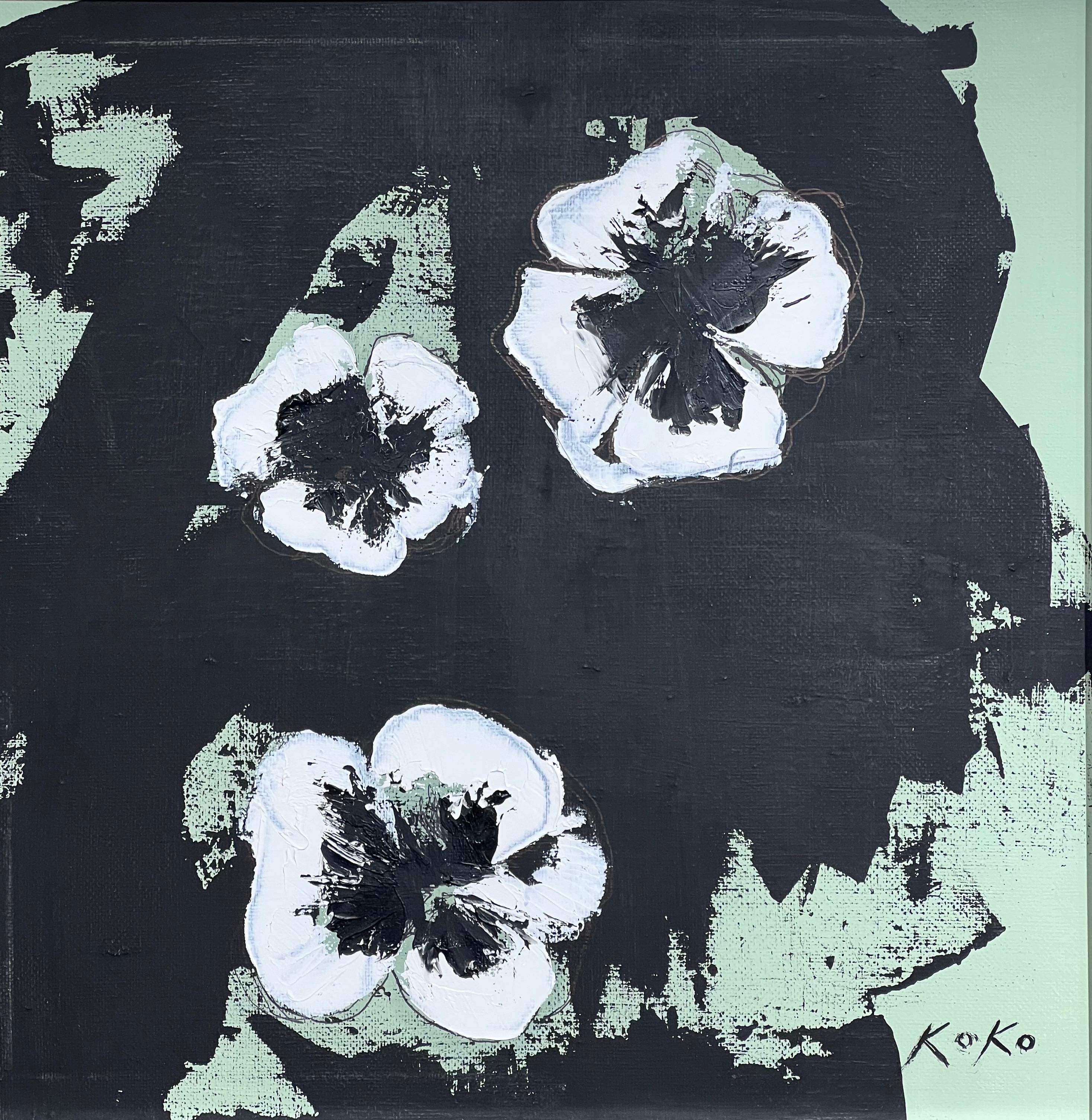 Still-Life Painting di KOKO HOVAGUIMIAN - Fiori contemporanei, Viola del pensiero in verde. Fiori di viola del pensiero.