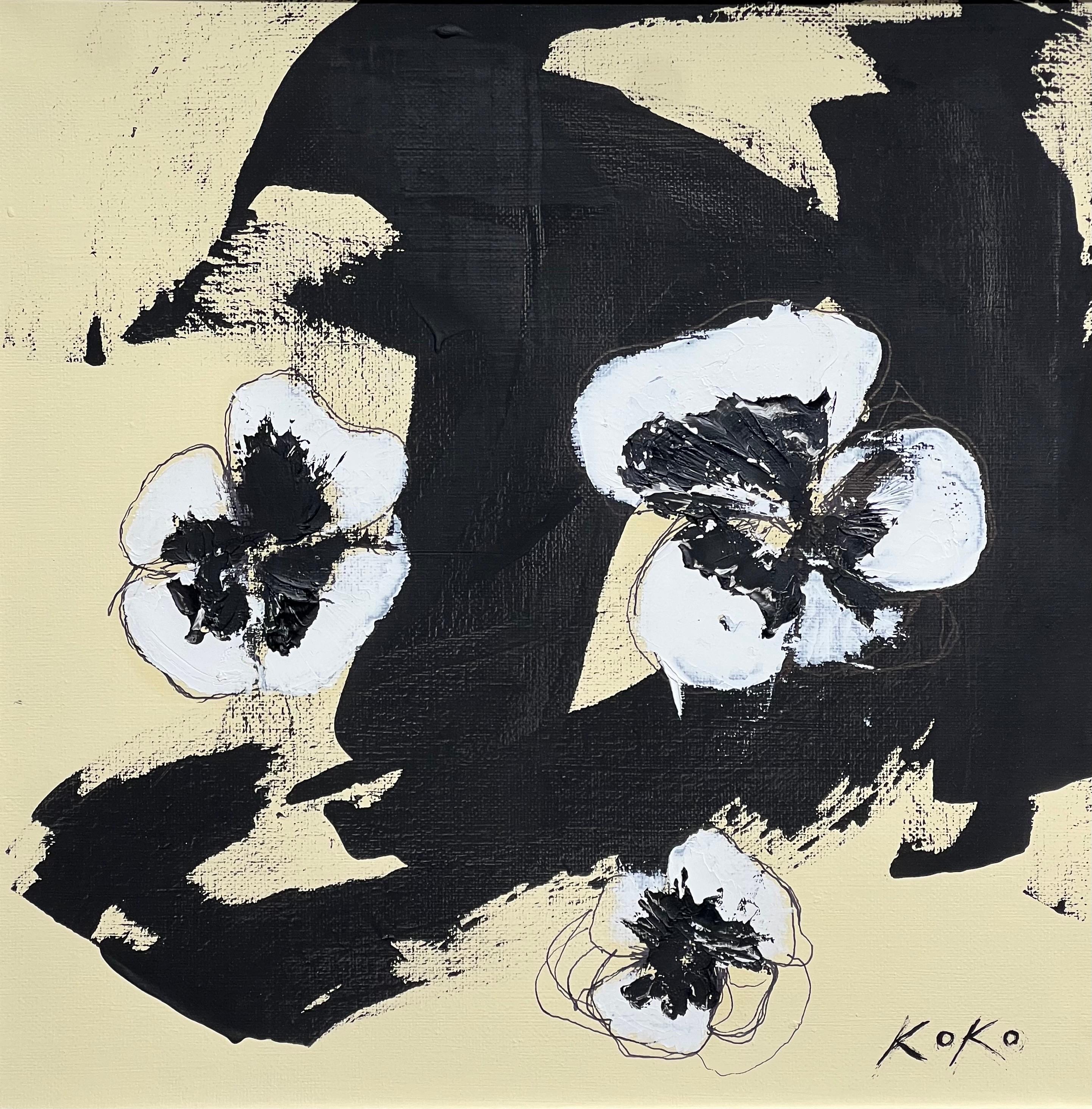 Still-Life Painting de KOKO HOVAGUIMIAN - Flores Contemporáneas, Pensamiento Pop en Amarillo. Flores de pensamiento.