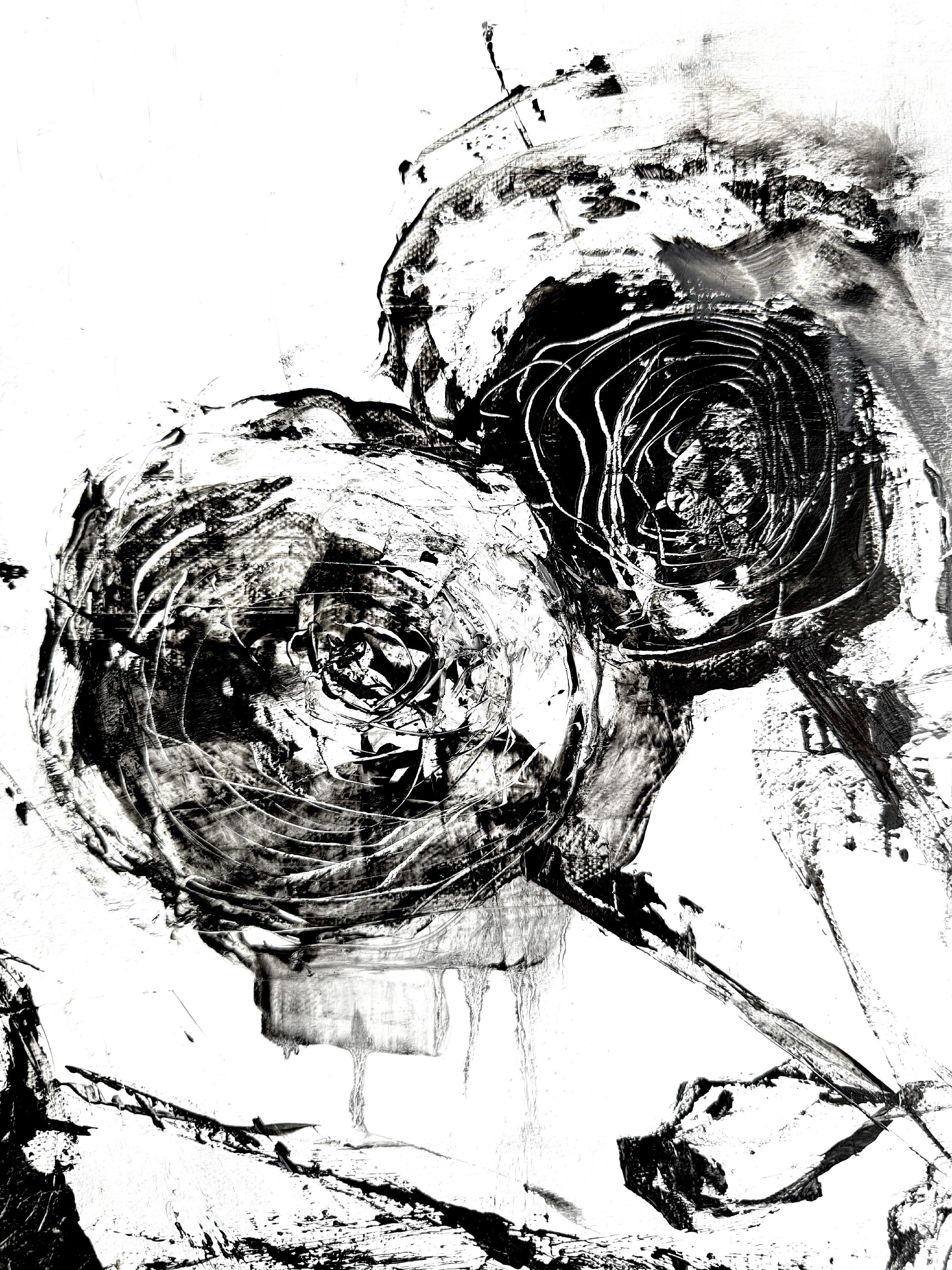 Fiori contemporanei, Ranuncolo in bianco e nero, pittura a olio. - Painting di KOKO HOVAGUIMIAN