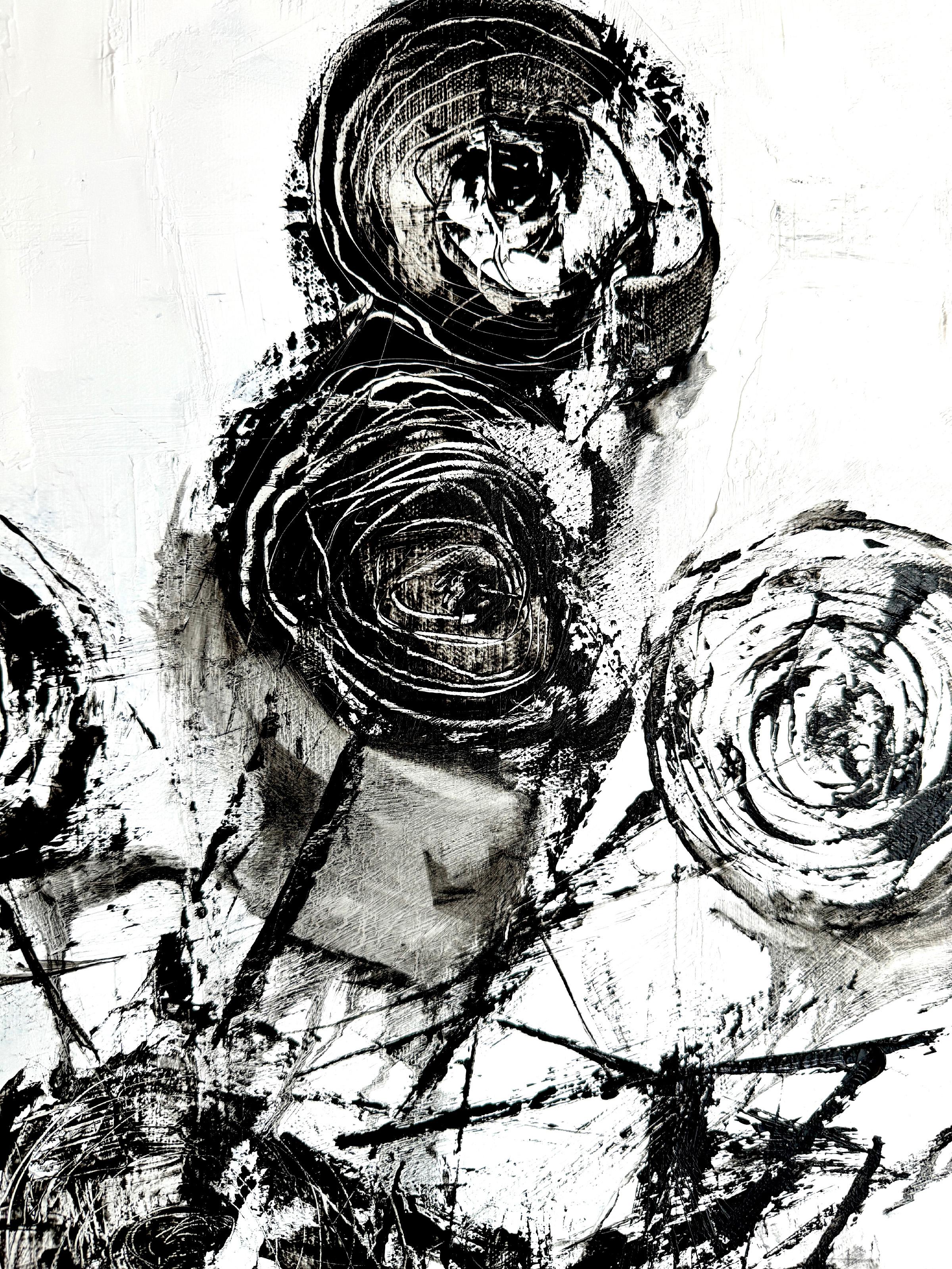 Fiori contemporanei, Ranuncolo in bianco e nero, pittura a olio. - Painting Espressionismo astratto di KOKO HOVAGUIMIAN