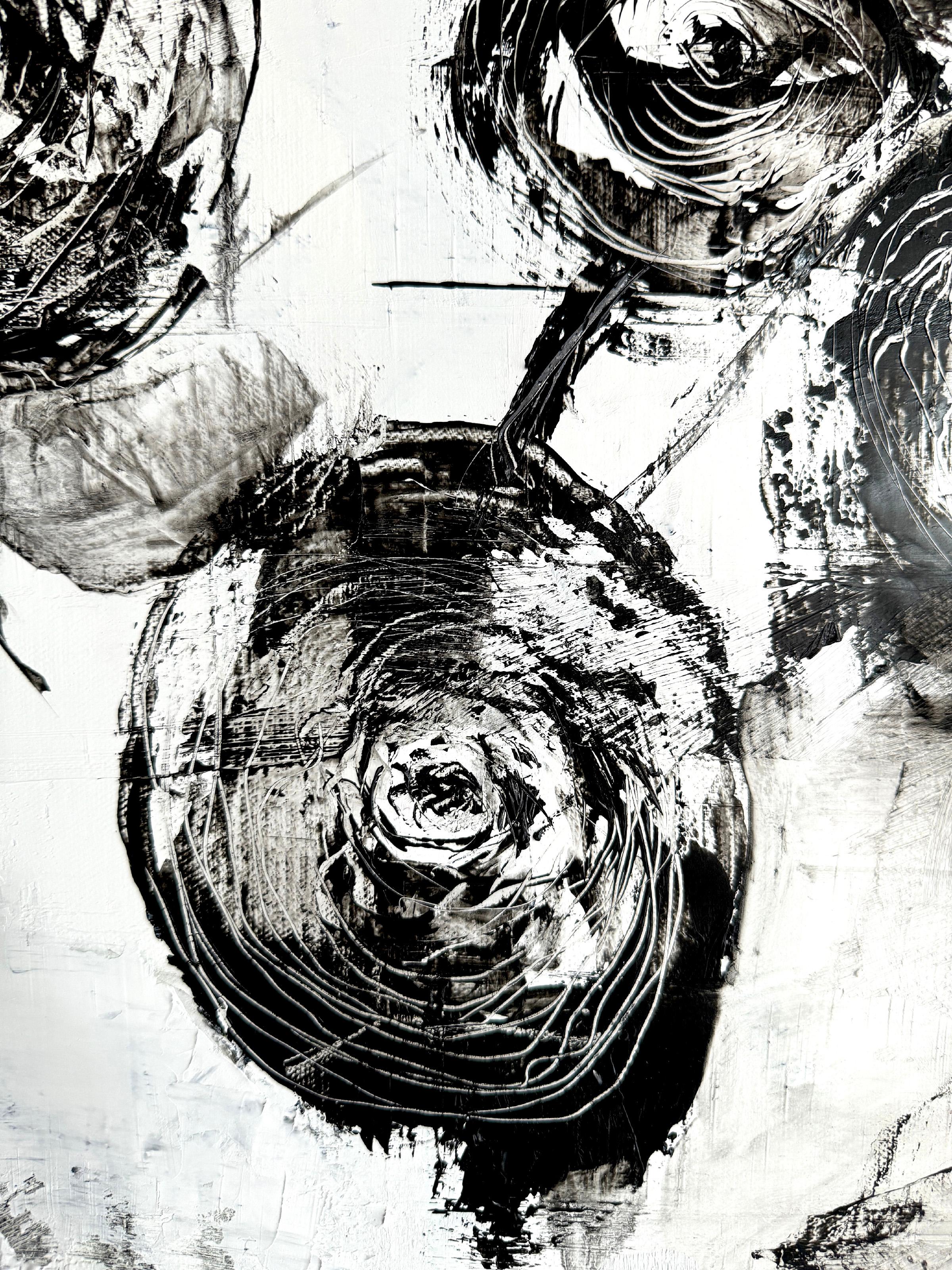 Fiori contemporanei, Ranuncolo in bianco e nero, pittura a olio. - Abstract Painting Nero di KOKO HOVAGUIMIAN