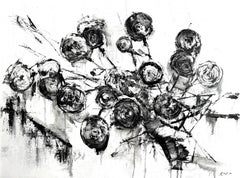 Flores contemporáneas, Ranúnculos en blanco y negro, pintura al óleo.