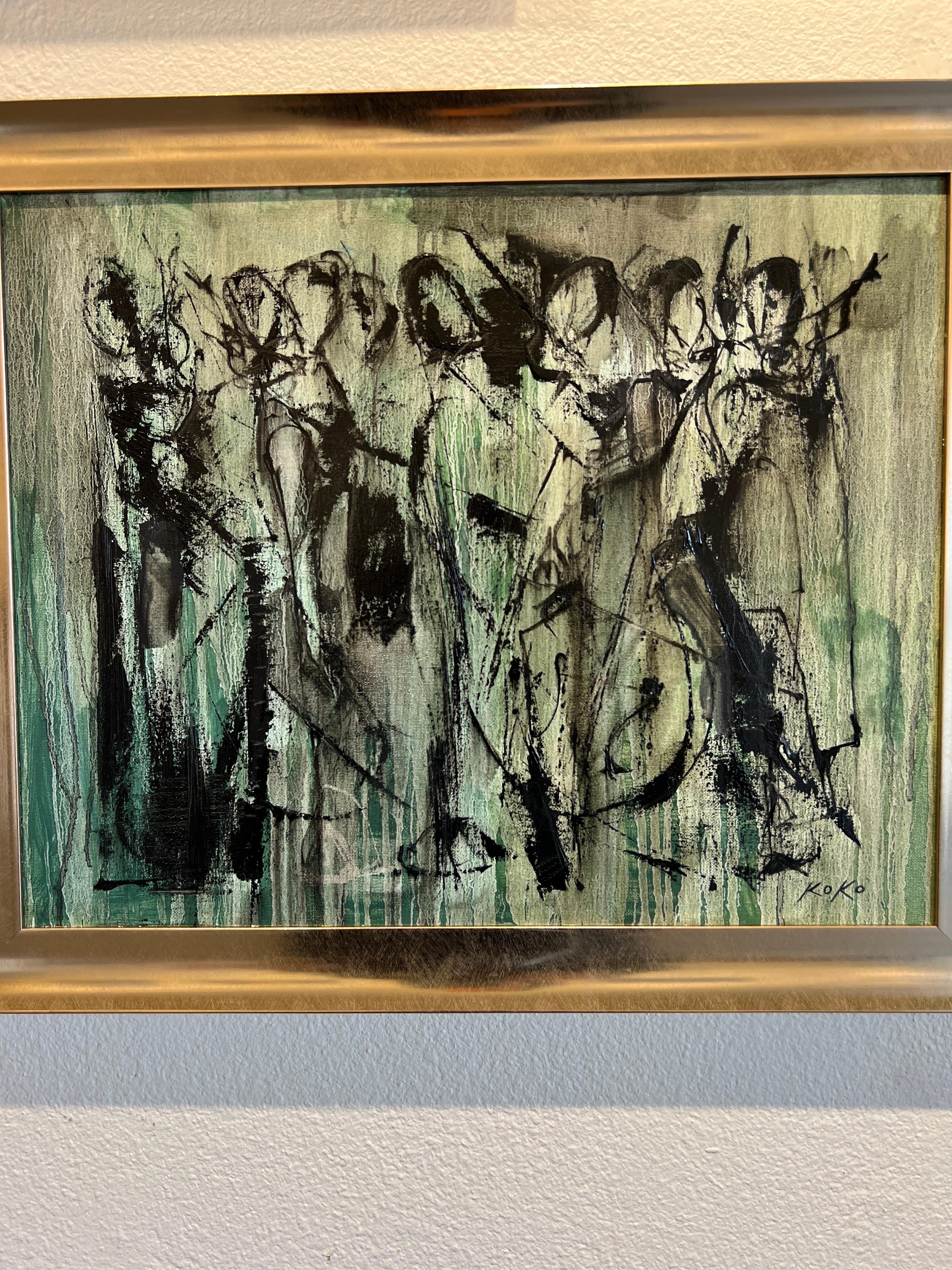 Contemporary Musical Essence:, Monochromatic Musicians in Deep Green.  - Painting by KOKO HOVAGUIMIAN