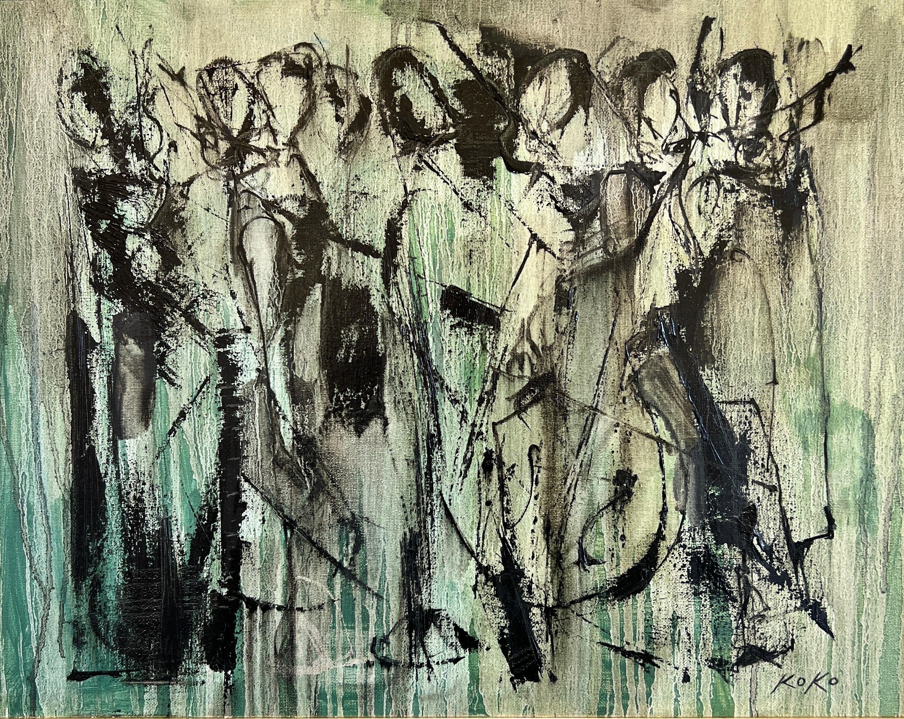 KOKO HOVAGUIMIAN Abstract Painting - Contemporary Musical Essence:, Monochromatic Musicians in Deep Green. 