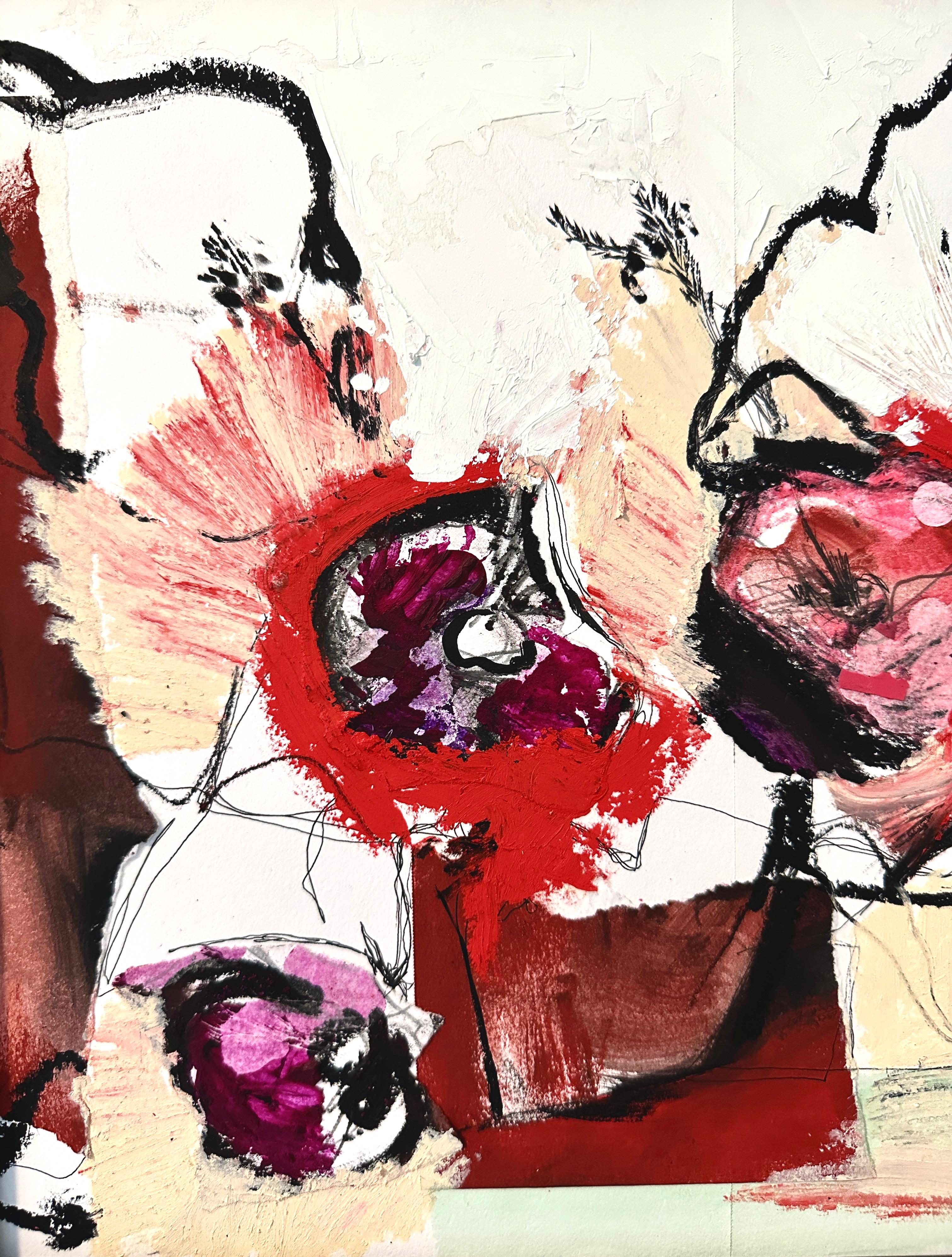Abstraktes Blumen-, rotes Blumen-, Blumen-Ölgemälde, Blumenkomposition, Symphonie. – Painting von KOKO HOVAGUIMIAN