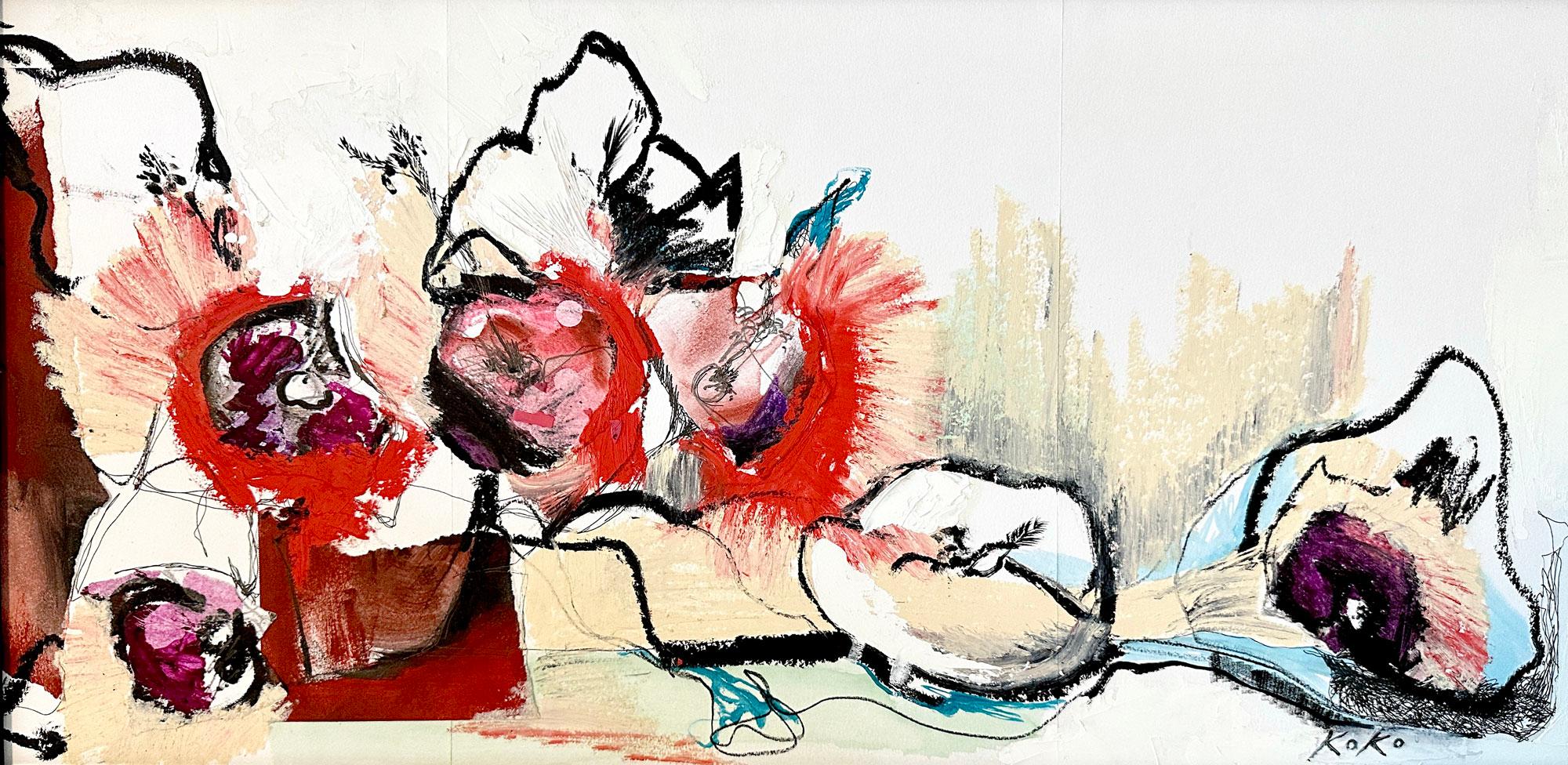 Abstract Painting KOKO HOVAGUIMIAN - Peinture à l'huile abstraite de fleurs rouges, composition florale, symphonie.