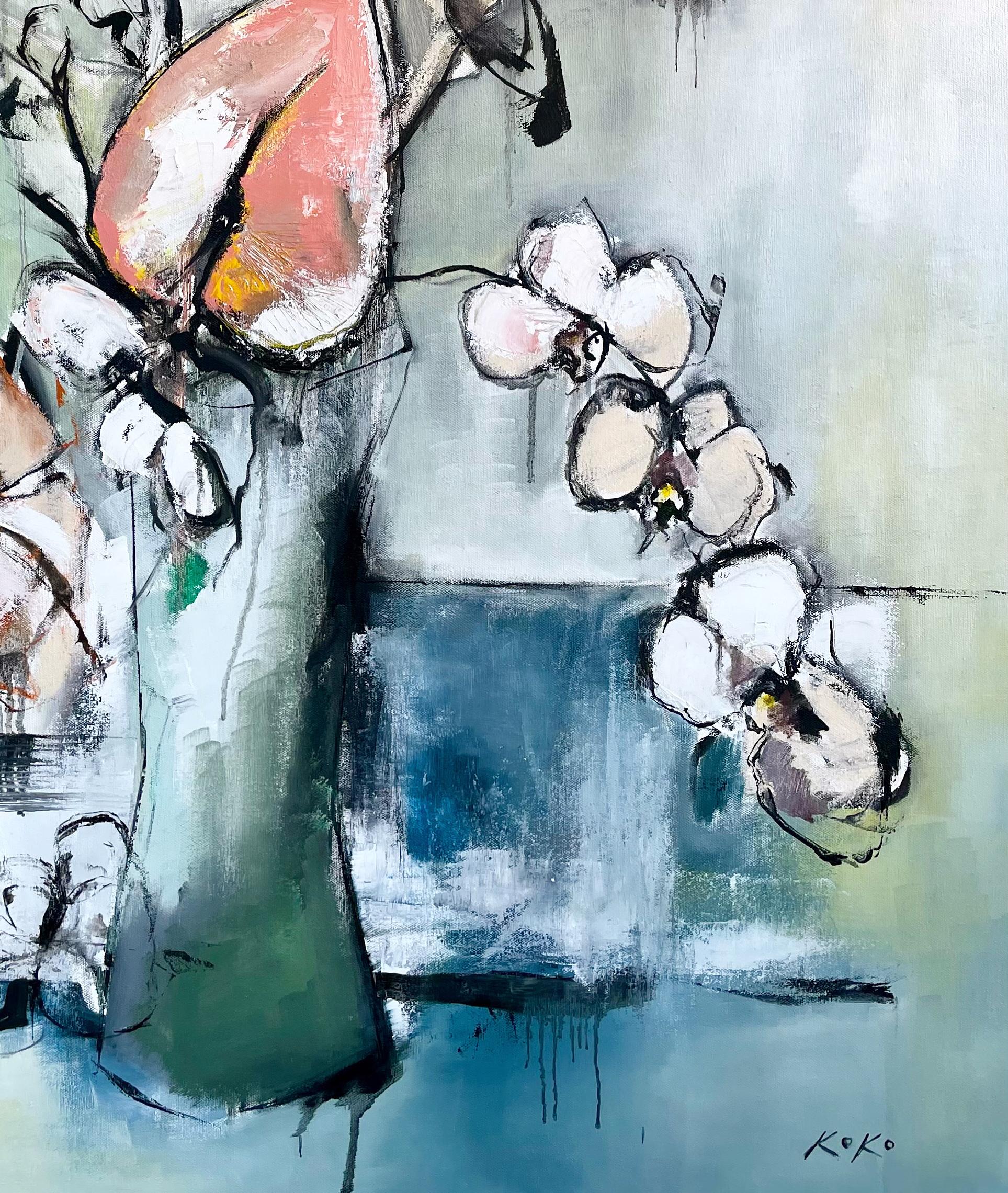 Orchids flowers & Lace Leaf . - Gray Still-Life Painting by KOKO HOVAGUIMIAN