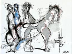 Peinture abstraite, personnes abstraites, cheval abstrait, messagers, huile et encre 