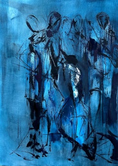 Abstract musicians oil painting, Musician Monochromatic Musicians, In Deep Blue.