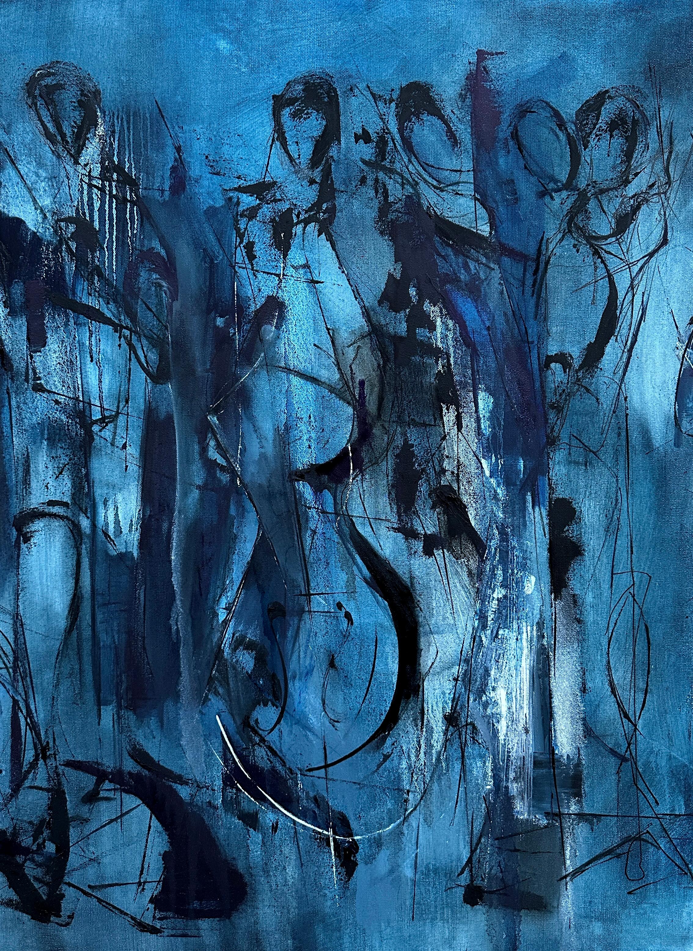 Peinture à l'huile abstraite de musiciens, Musician Monochromatic Musicians, In Deep Blue. - Expressionnisme abstrait Art par KOKO HOVAGUIMIAN