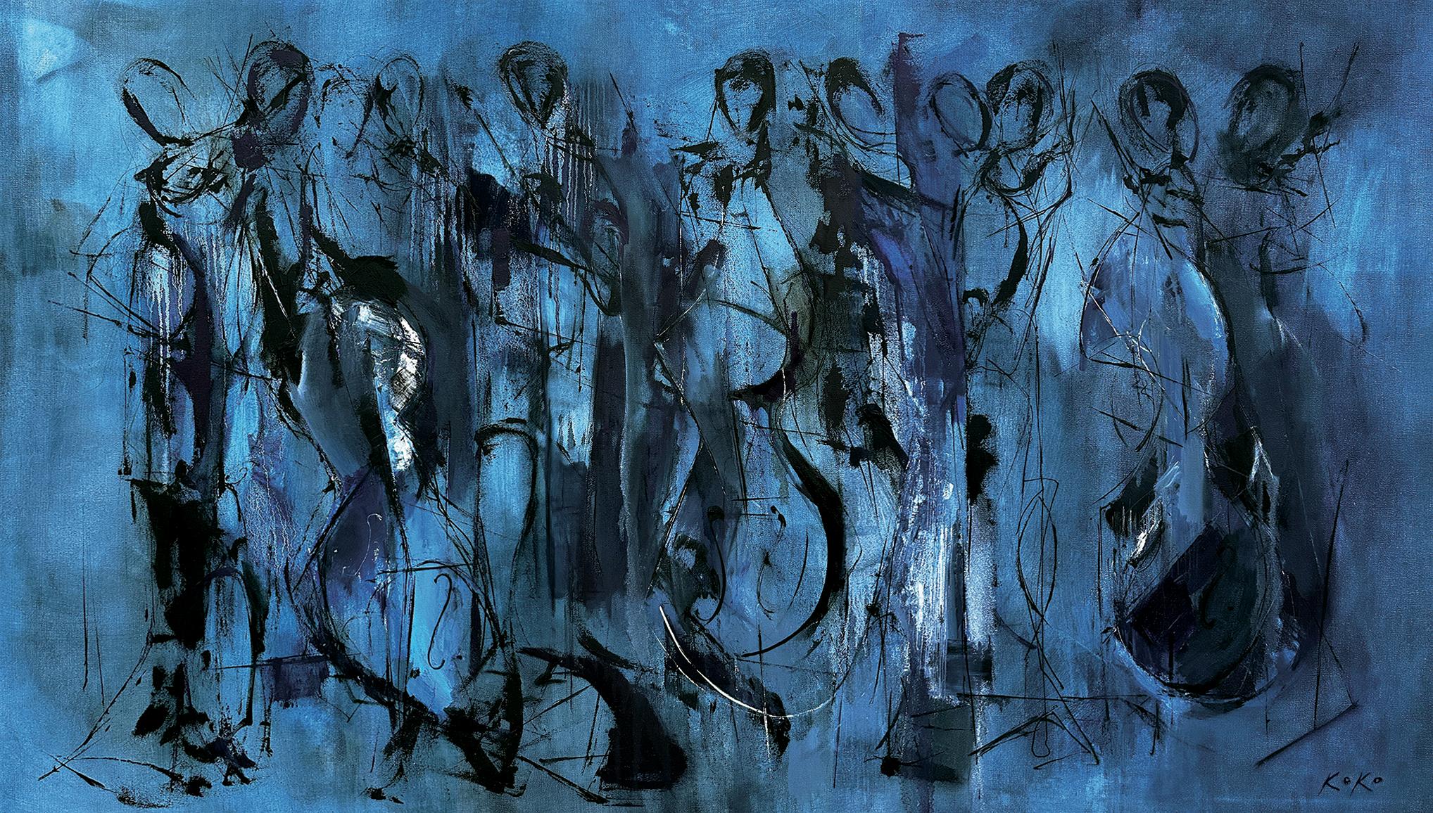 Peinture à l'huile abstraite de musiciens, Musician Monochromatic Musicians, In Deep Blue. - Art de KOKO HOVAGUIMIAN