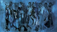 Peinture à l'huile abstraite de musiciens, Musician Monochromatic Musicians, In Deep Blue.