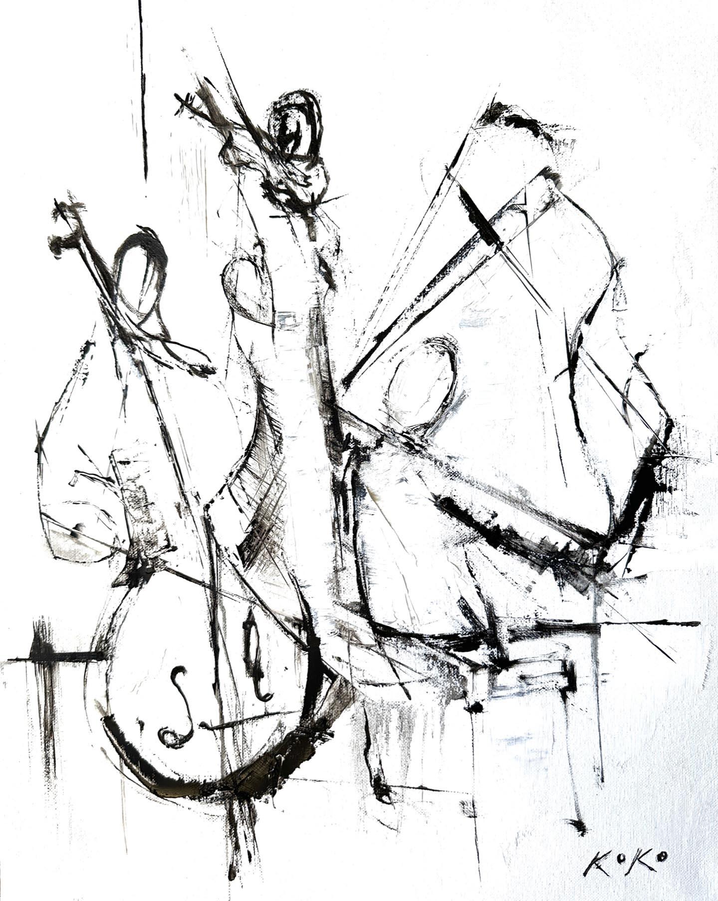 Musician Trio No. 2 - Gray Interior Painting by KOKO HOVAGUIMIAN