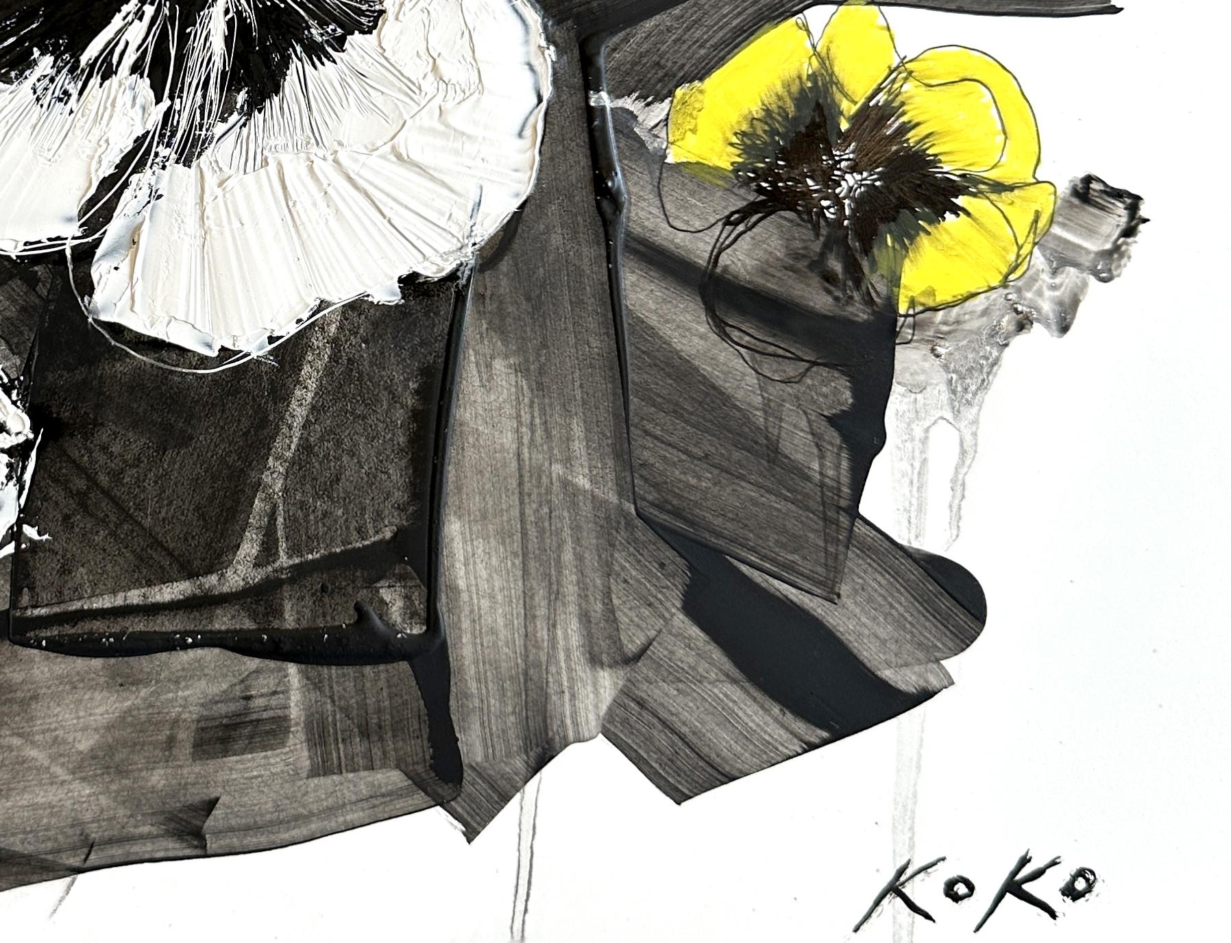 Fiori astratti Pensée, pittura a olio Pensée, fiori Pensée, giallo Pensée. - Painting Espressionismo astratto di KOKO HOVAGUIMIAN