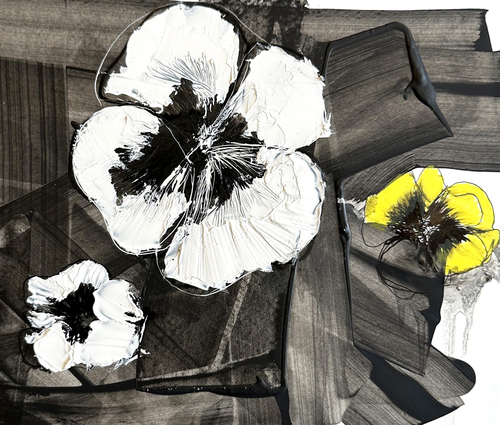  Abstract flowers Pensée, oil painting Pensée, flowers Pensée, yellow Pensée. - Black Still-Life Painting by KOKO HOVAGUIMIAN
