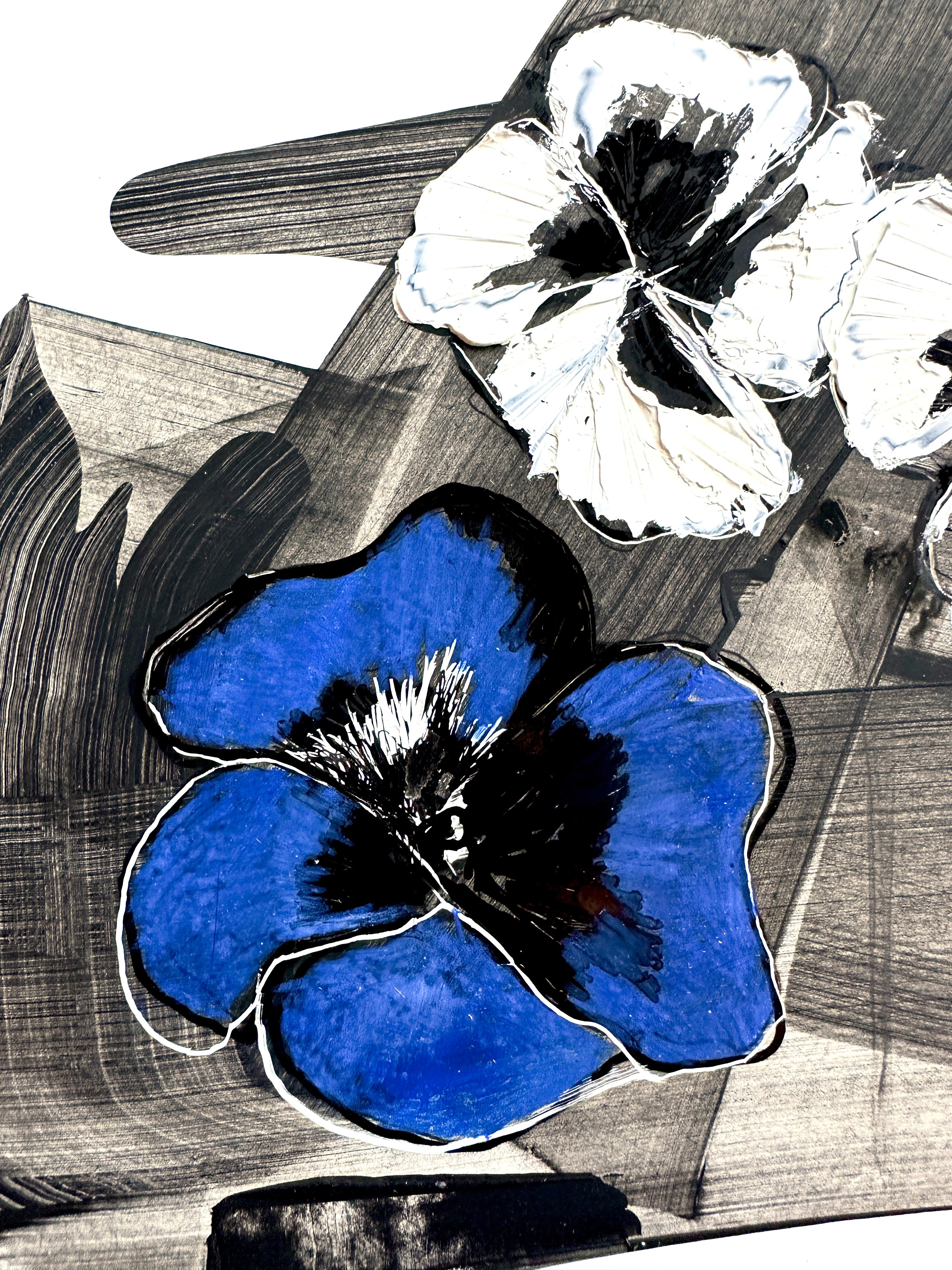 Abstract flowers Pensée, oil painting Pensée, flowers Pensée, blue Pensée. - Black Still-Life Painting by KOKO HOVAGUIMIAN