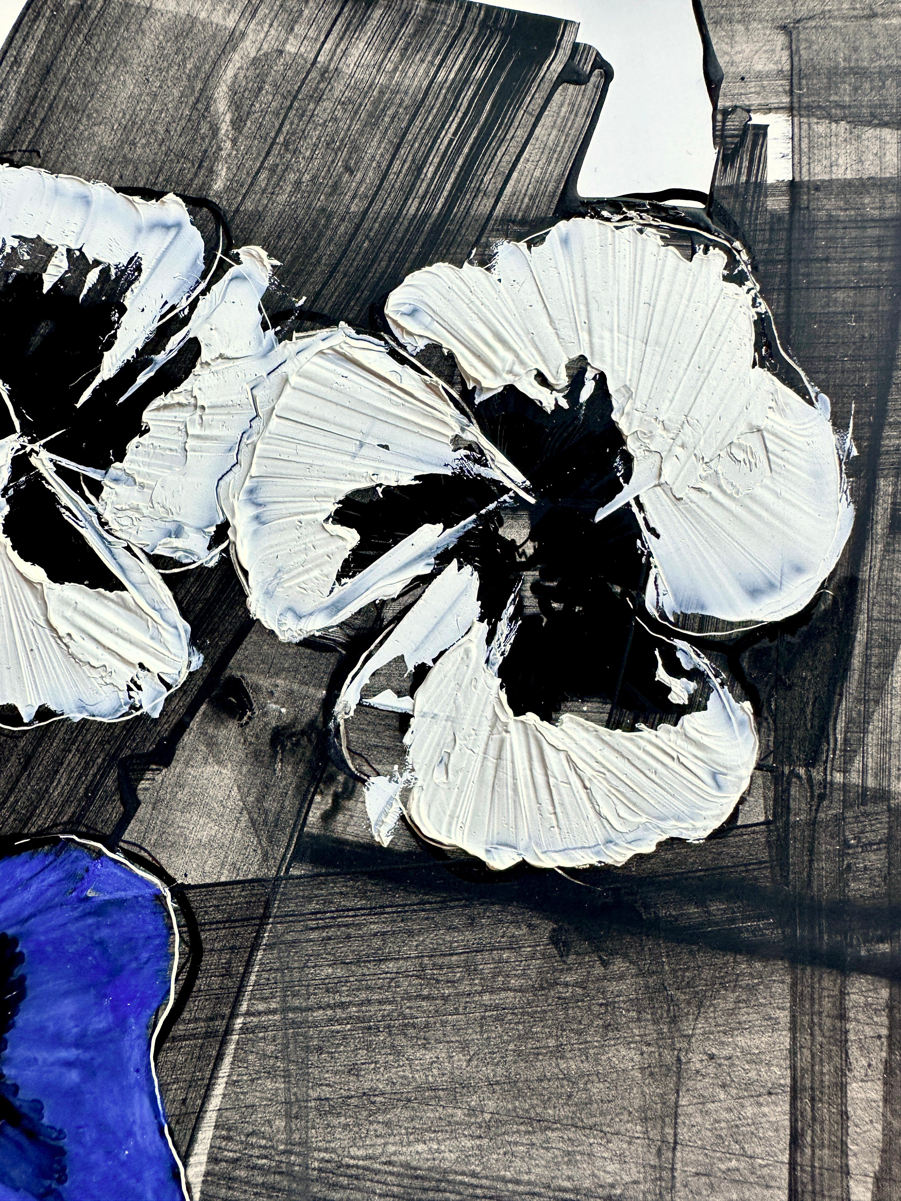 Titled Pensée Trio No. 2. (Pansies - floral silhouettes series)  by Koko Hovaguimaian is an oil painting that showcases the artist's distinctive brushstroke style. The title, 