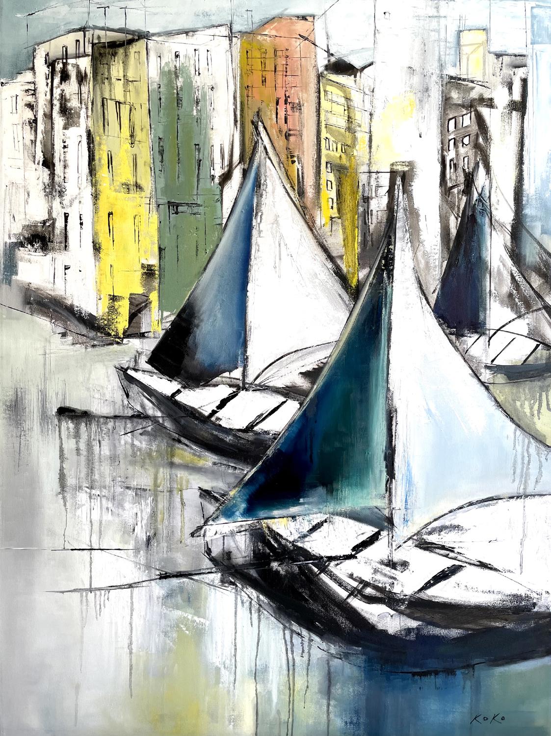 KOKO HOVAGUIMIAN Abstract Painting - Sails at Coastal Town