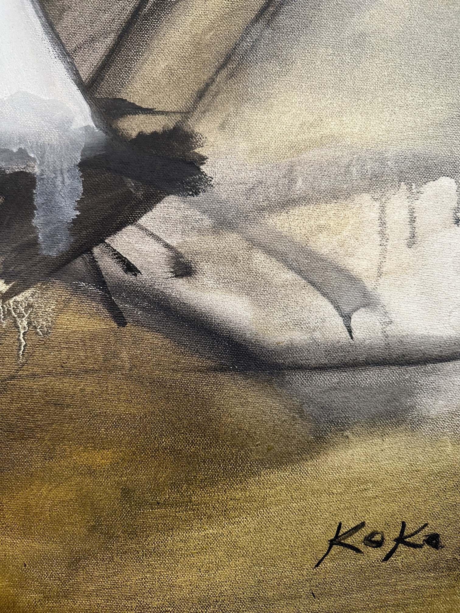 L'artiste Koko peint ses scènes préférées à l'aide de ses coups de pinceau puissants caractéristiques, tout en conservant une touche de douceur sur la toile. Dans cette peinture, les bateaux sont représentés à l'arrêt. Elle est réalisée à l'huile
