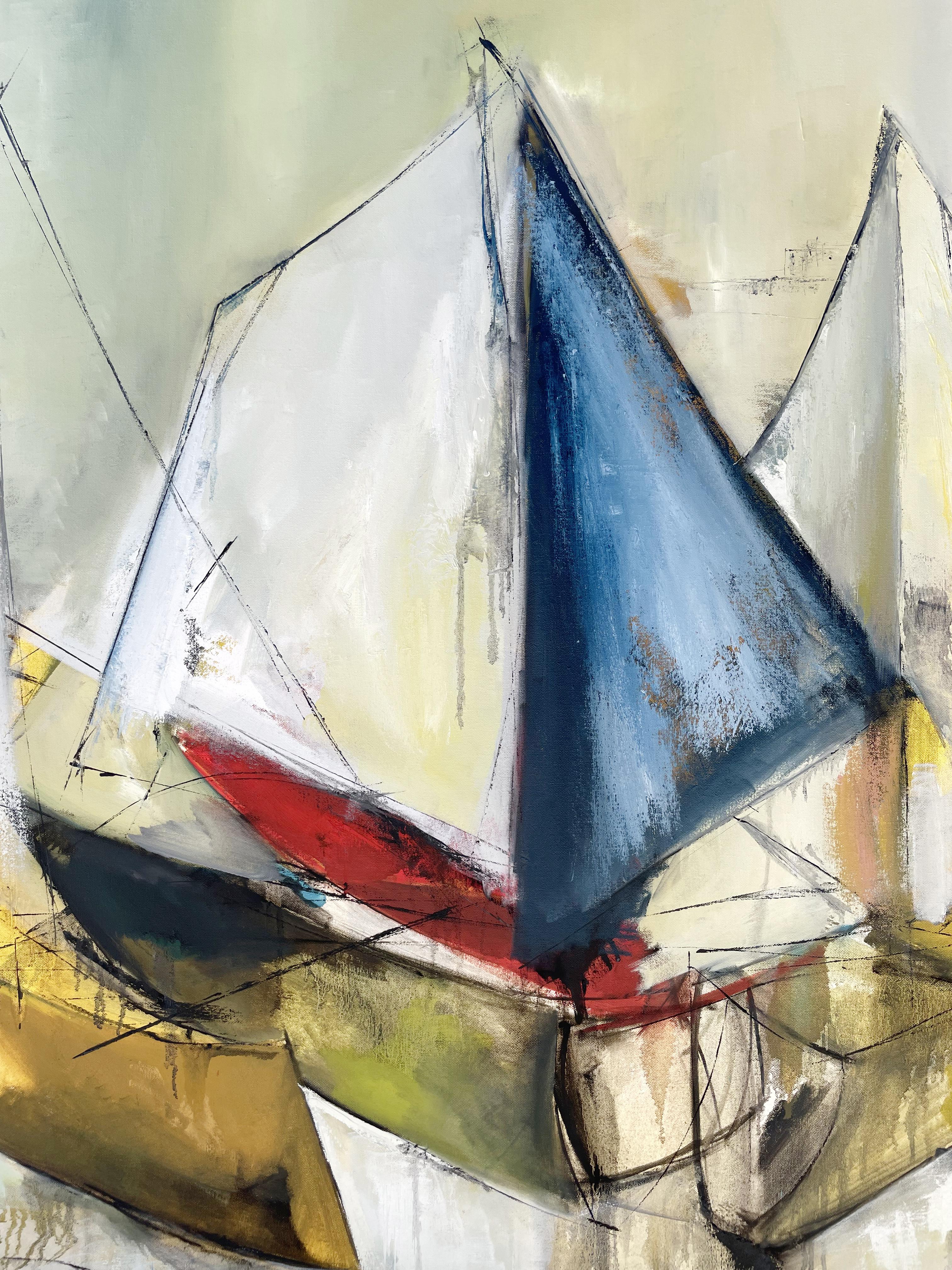 'Voiliers' (Sailboats), oil on canvas. Artist signed lower right and certificate of authenticity is available. 

Voiliers, French for Sailboats, is a scenic depiction of abstract sailboats setting sail off a near by coastal town.  These boats have