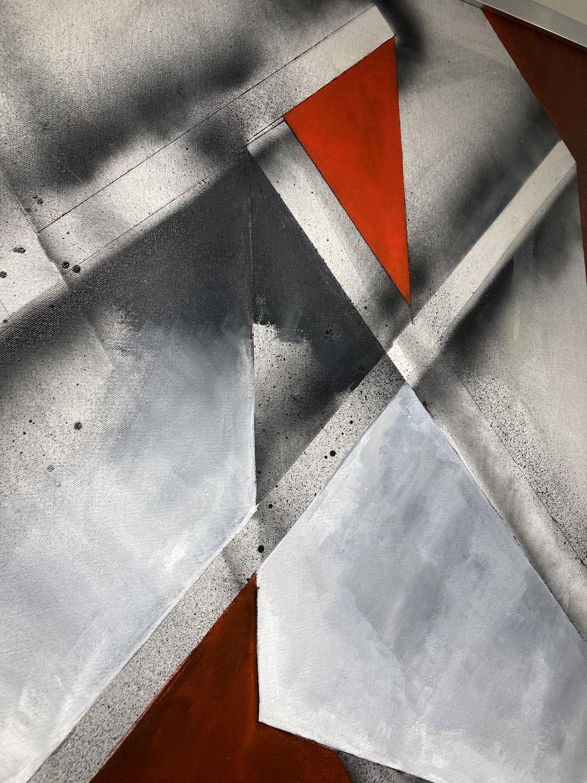 Oblique Construct, Red and Silver. - Gray Abstract Painting by KOKO HOVAGUIMIAN