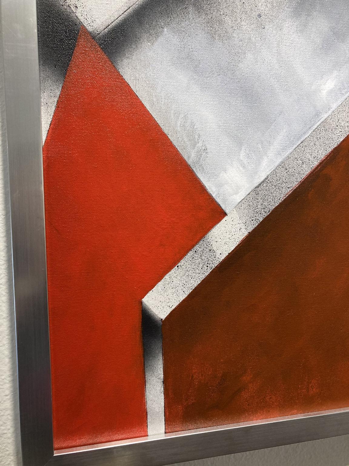 Red, Gray, Silver &White.  Composition of Oblique Construct,  is an abstract painting from a series of work by Los Angeles based artist KOOK, exploring the energy and vibrancy of architecture. Ready to ship with framed silver. 