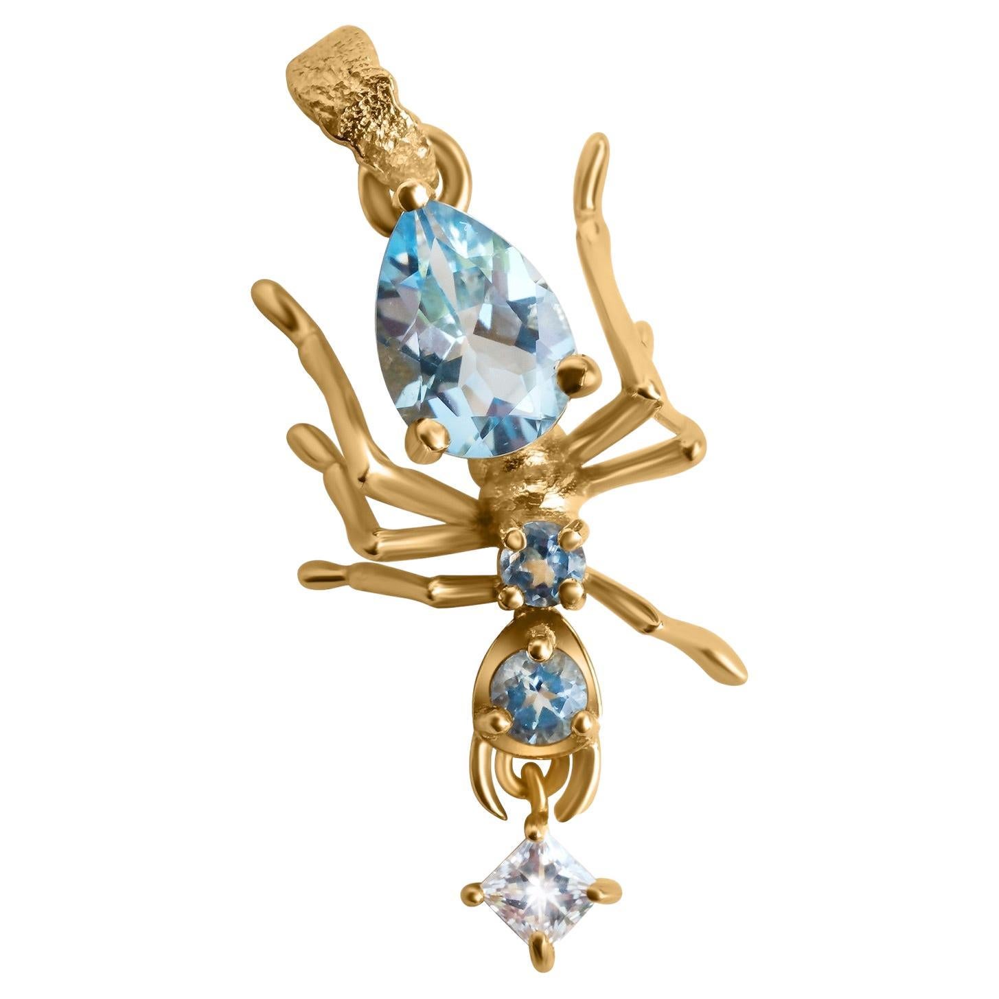 Pendentif Kokoro en or 14K motif fourmi avec aigue-marine 0,70 ct et diamant 0,10 ct en vente