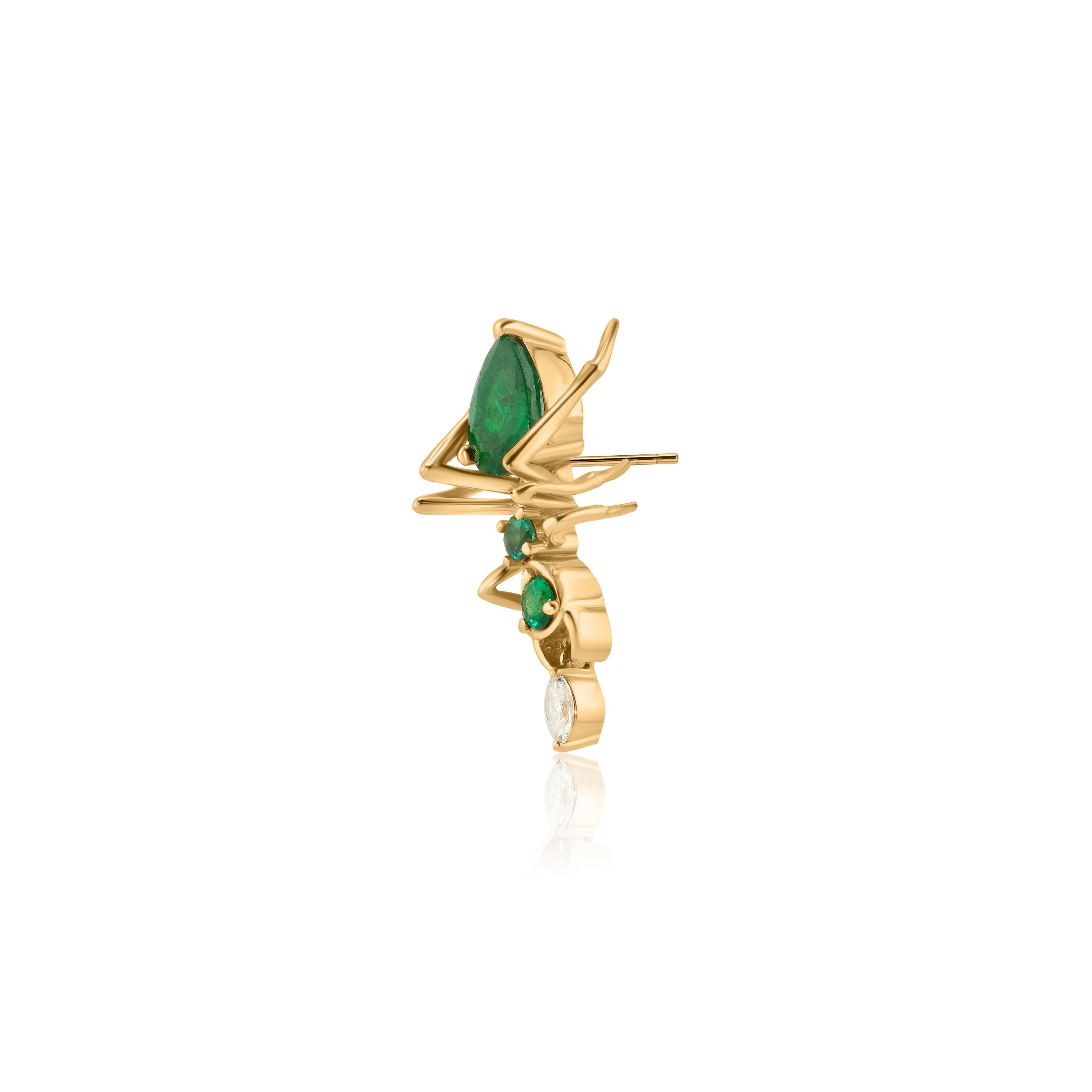 Artisan Boucle d'oreille Kokoro en or jaune 14K avec émeraude de 0,76 ct et diamant de 0,035 ct en vente