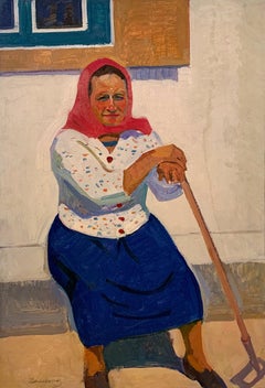 Antique Painting Female Oil Portrait Old Soviet Woman Art by Kolesnik V.