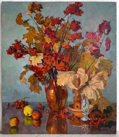 Fall Still Life Painting Vintage Oil Canvas Autumnal Leaves Art by Kolesnik V.