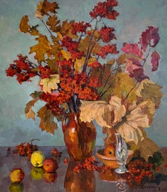 Fall Still Life Painting Vintage Oil Canvas Autumnal Leaves Art by Kolesnik V.