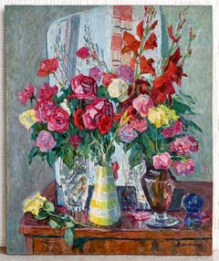 Flowers Still Life Painting Vintage Oil Canvas Roses and Gladioli by Kolesnik V.